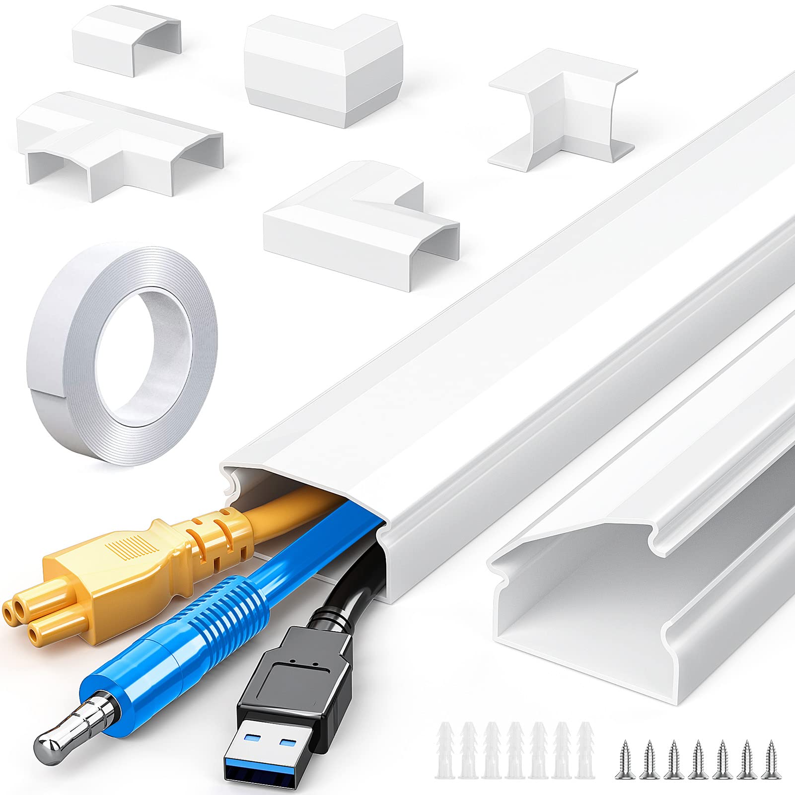 125in Cord Hider - Yecaye Self-Latching Cord Cover - TV Wire Hider on Wall - Snap-on Design Cable Raceway - Easy Install Cable Concealer Cord Management Home Office - 8X L15.7in W0.95in H0.55in