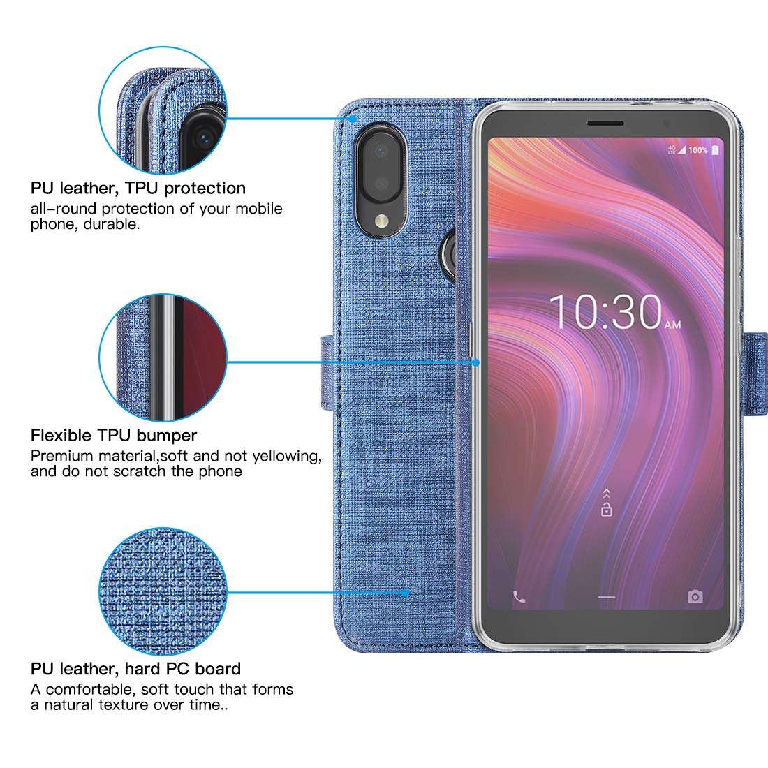 Feitenn Alcatel 3V Case 2019, Alcatel 3V Flip Case 2019, Slim Folio Cover Kickstand Credit Card Slots Holder Magnetic Closure Bumper Shockproof PU Leather Soft TPU Shell Alcatel 3V 2019 - Blue 5