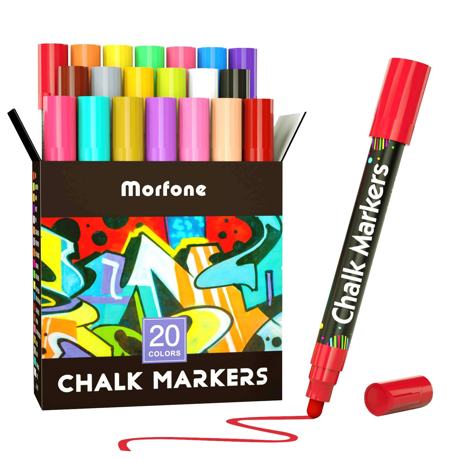 Chalk Markers, Morfone 20 Colors Liquid Chalkboard Markers for Chalkboards, Windows, Chalk Wallpaper, Jars, Labels, Car, Glass, Mirror (6mm Reversible Tip) 1