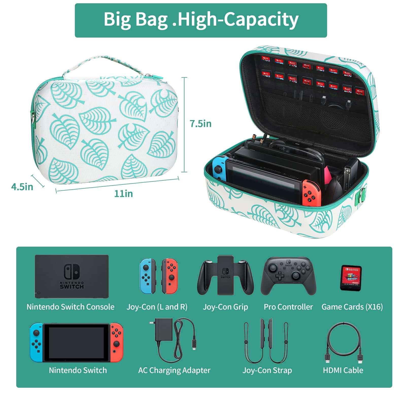 Carrying Case for Nintendo Switch,Large Storage Case for Switch Console, Pro Controller, Accessories Switch Dock, AC Adapter with 16 Game Cards, Travel Hard Protective Carry Bag with Handle,Gray 2