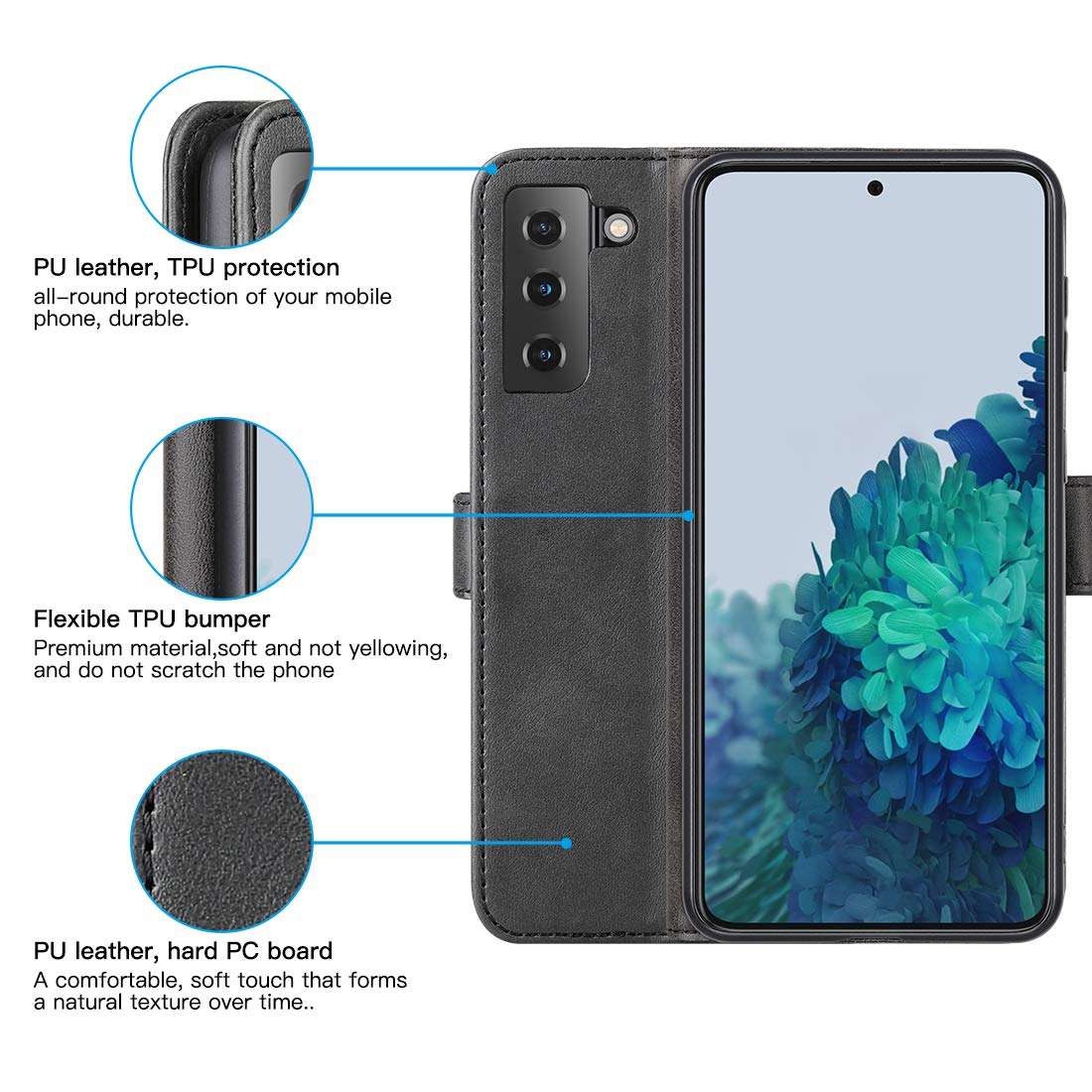DDJ case for Samsung Galaxy S21 Plus 5G 2021,Cover Flip TPU&PU Leather Case with Kickstand, Multi-Function Magnetic Suction Strong Closure Wallet Phone Case for Galaxy S21 Plus 5G (Black) 5