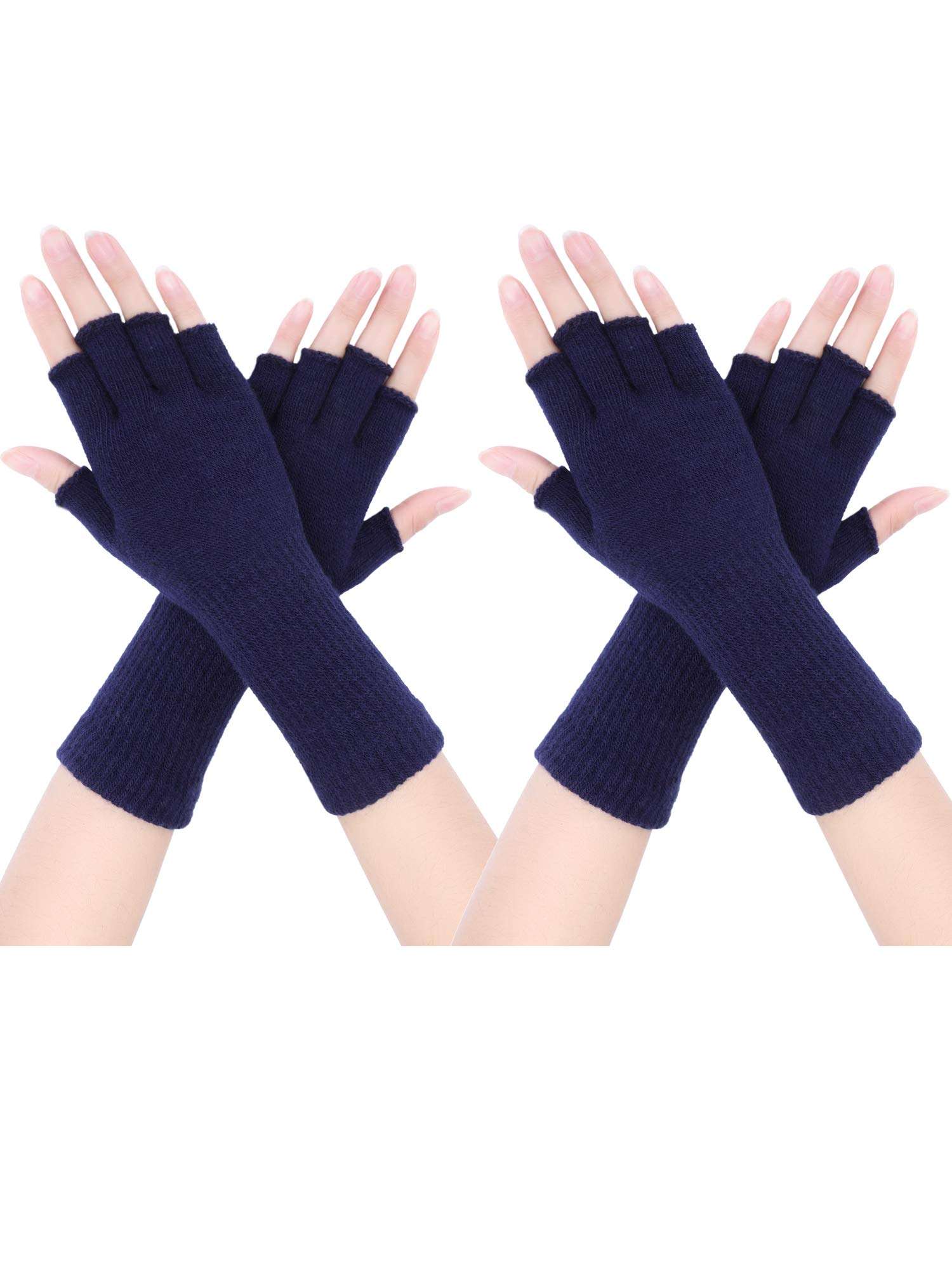 2 Pairs Unisex Fingerless Gloves Half Finger Stretchy Knit Gloves Lengthen Wrist Mittens Winter Warm Gloves 1