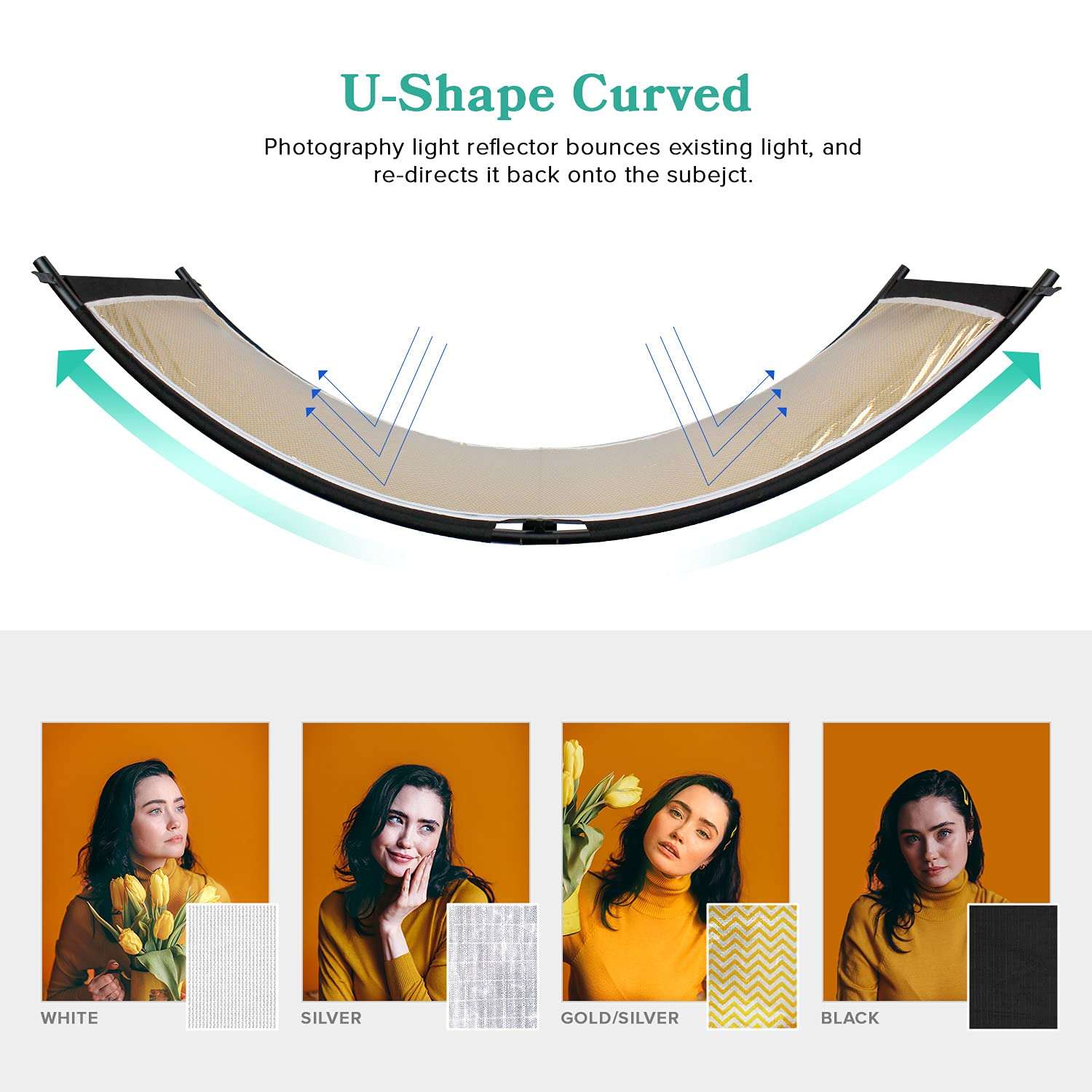 LimoStudio Clamshell U Shaped Light Reflector/Diffuser Kit 70"x24" Curved Photo Reflector for Photo Video Studio with Black/Silver/White/Gold, Carry Bag, AGG3234 2