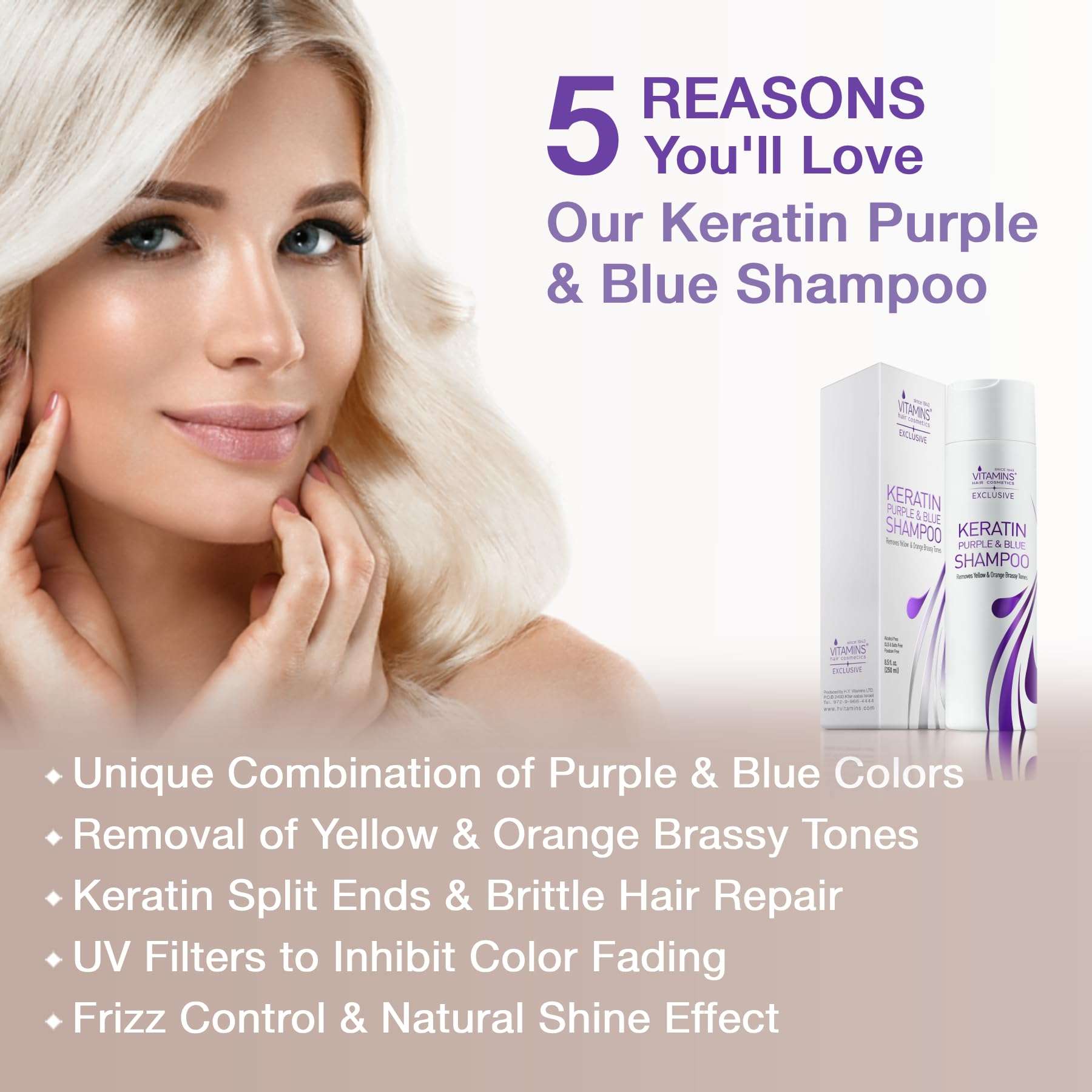 VITAMINS hair cosmetics Keratin Thick Hair Leave-In Conditioner & Purple Shampoo Kit, Pro Salon No Rinse Moisturizer for Dry Thick Hair & Anti-Brass Shampoo for Bleached Blonde Platinum Silver Hair 4