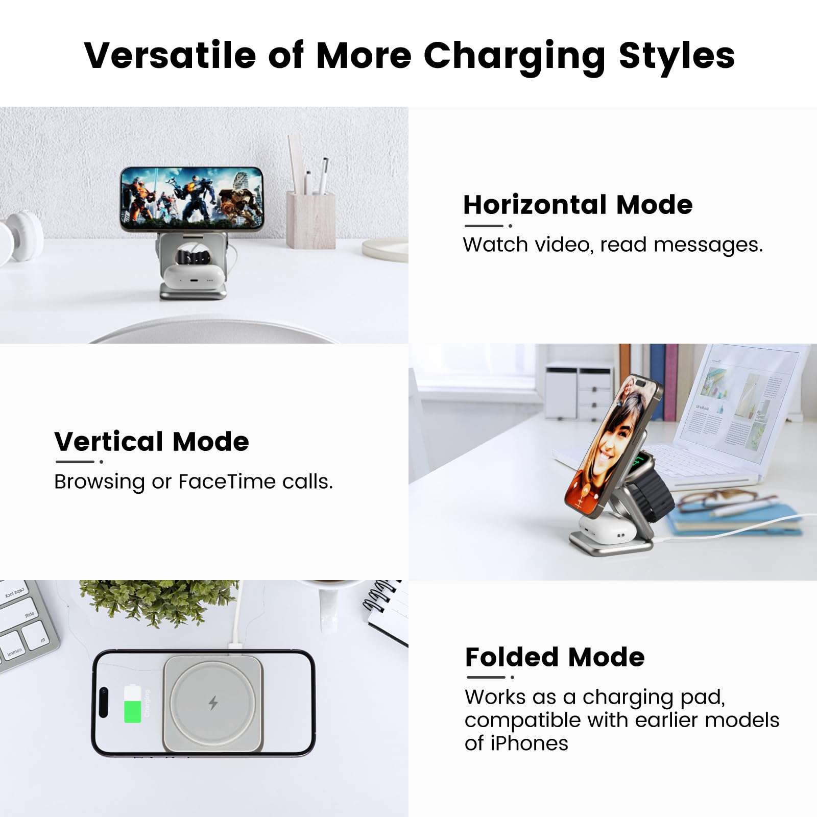 KU XIU X40 Plus 3 in 1 Wireless Charging Station, Foldable Portable Magnetic Wireless Charger for Apple Devices, 15W Fast Charging Stand for iPhone 16 15 14 13 12 Pro Max & Apple Watch, AirPods 2