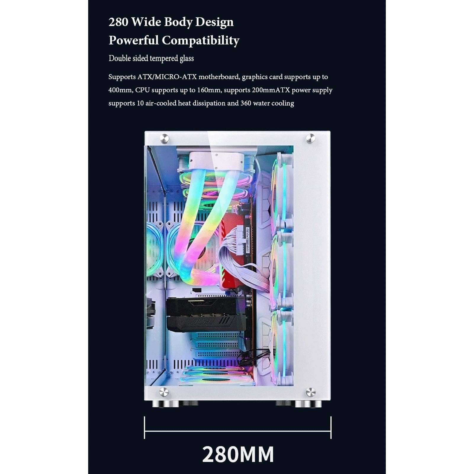 ATX Case, Mid-Tower PC Gaming Case ATX/M-ATX - Front I/O USB 3.0 Port - Tempered Glass Side Panel - Support Water Cooling - 10 Fan Position(V) 4