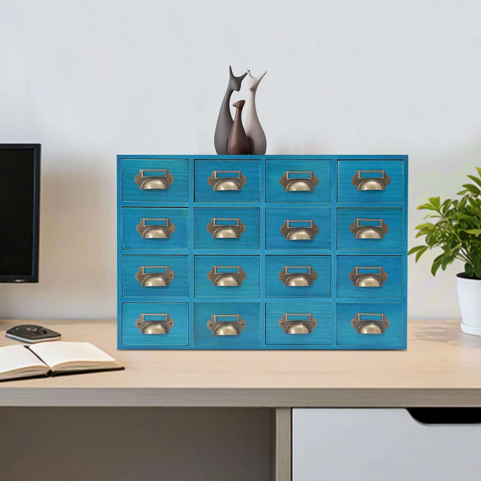 16-Drawer Wood Desk Organizer, Desktop Drawer Tabletop Storage Organization Box with Label Slot for Home Office Boutiques Pharmacies, No Assembly Required, 19.69 * 3.94 * 13.78in (Blue) 4