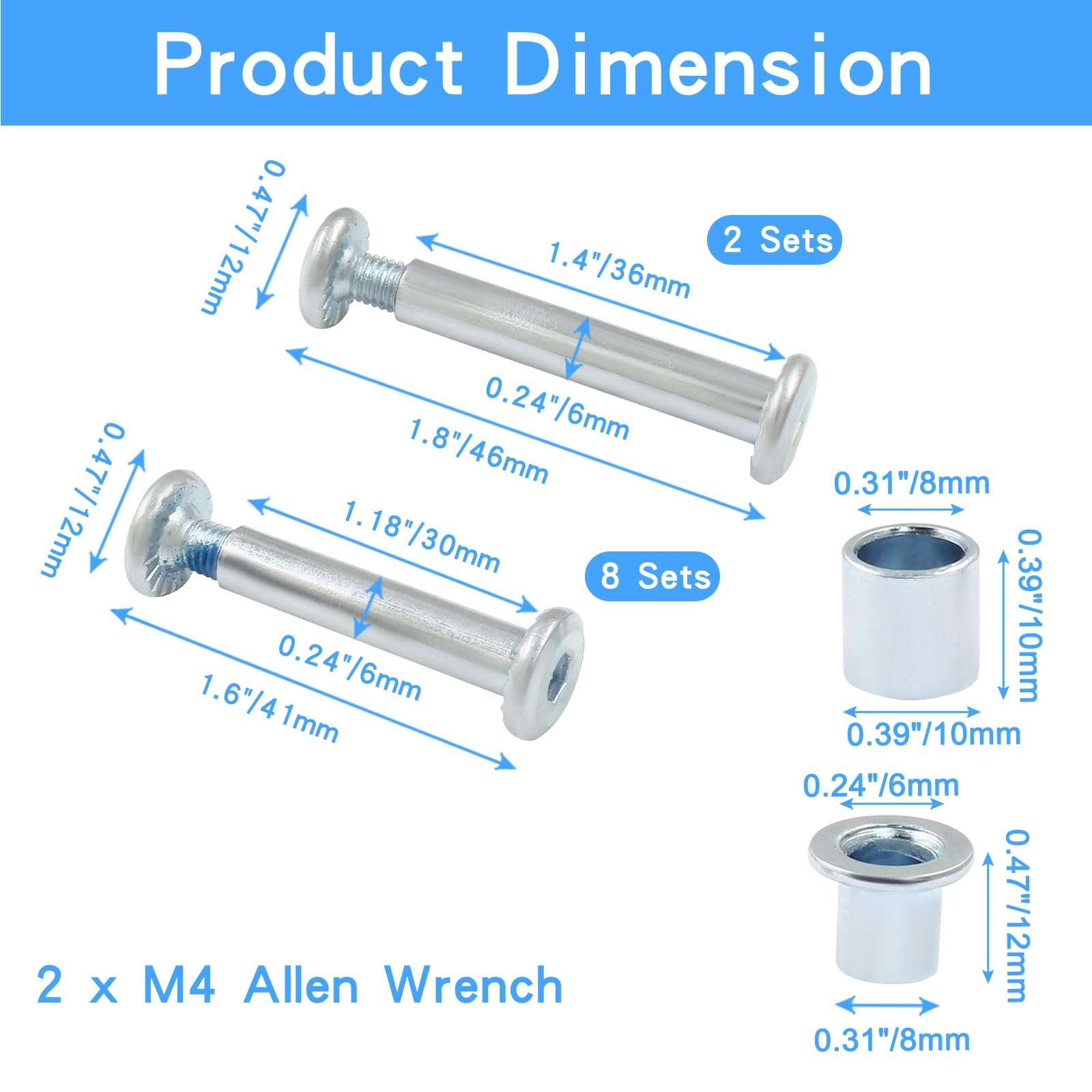 Luomorgo 36 Pcs/1 Set Inline Skate Wheel Axle Spacer Screw, 6mm/15/64" OD Shaft Hex Socket Screw Axles for Roller Skate with M4 Allen Wrench 3