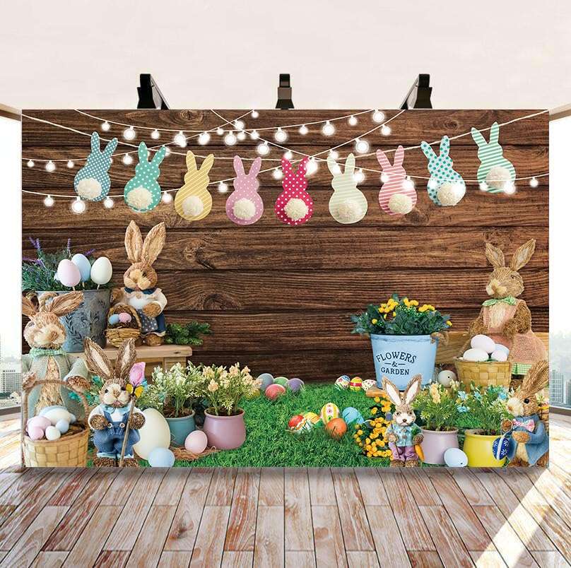 Easter Backdrop for Photography 10x8FT Spring Green Grass Flower Rabbit Egg Wooden Wall Background Easter Kids Newborn Portrait Photo Props