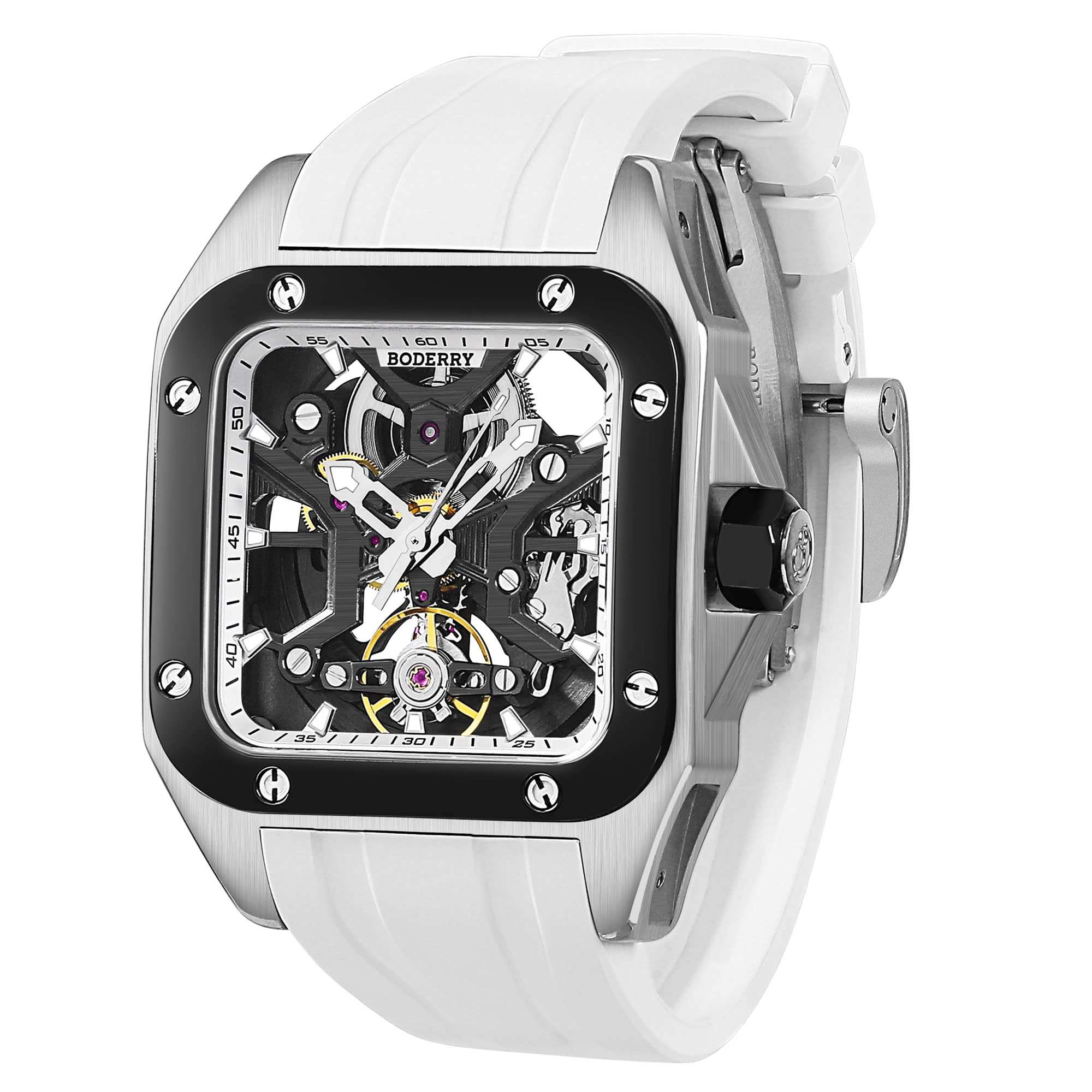 BODERRY Square Automatic Titanium Watch for Men 72H Power-Reserve Side Transparent Case 10ATM Waterproof Swiss Super-Luminous Sports Wrist Watches-Storm 2