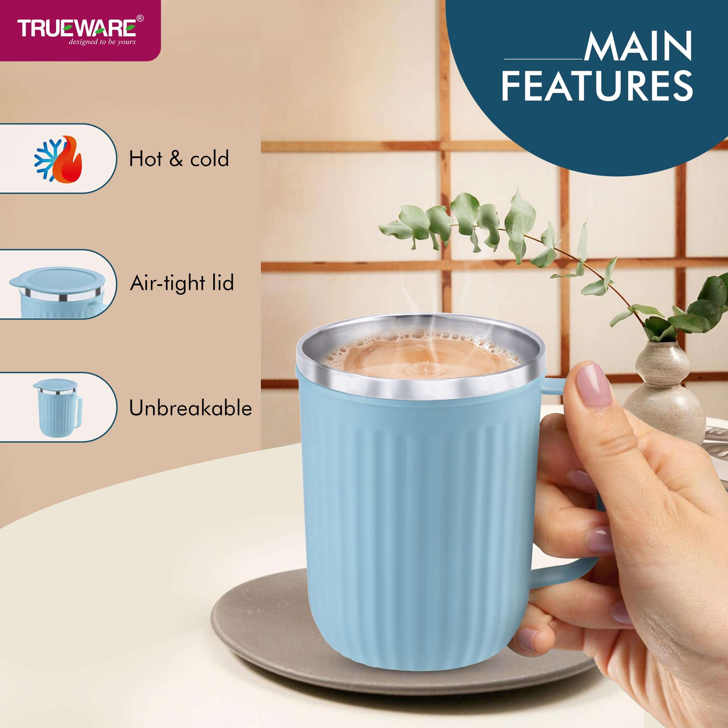 Trueware Frost Unbreakable 400 ml Mugs with Cap Stainless Steel Plastic Covered Travel Mug with lid for Tea, Coffee, Milk (Brown) 5