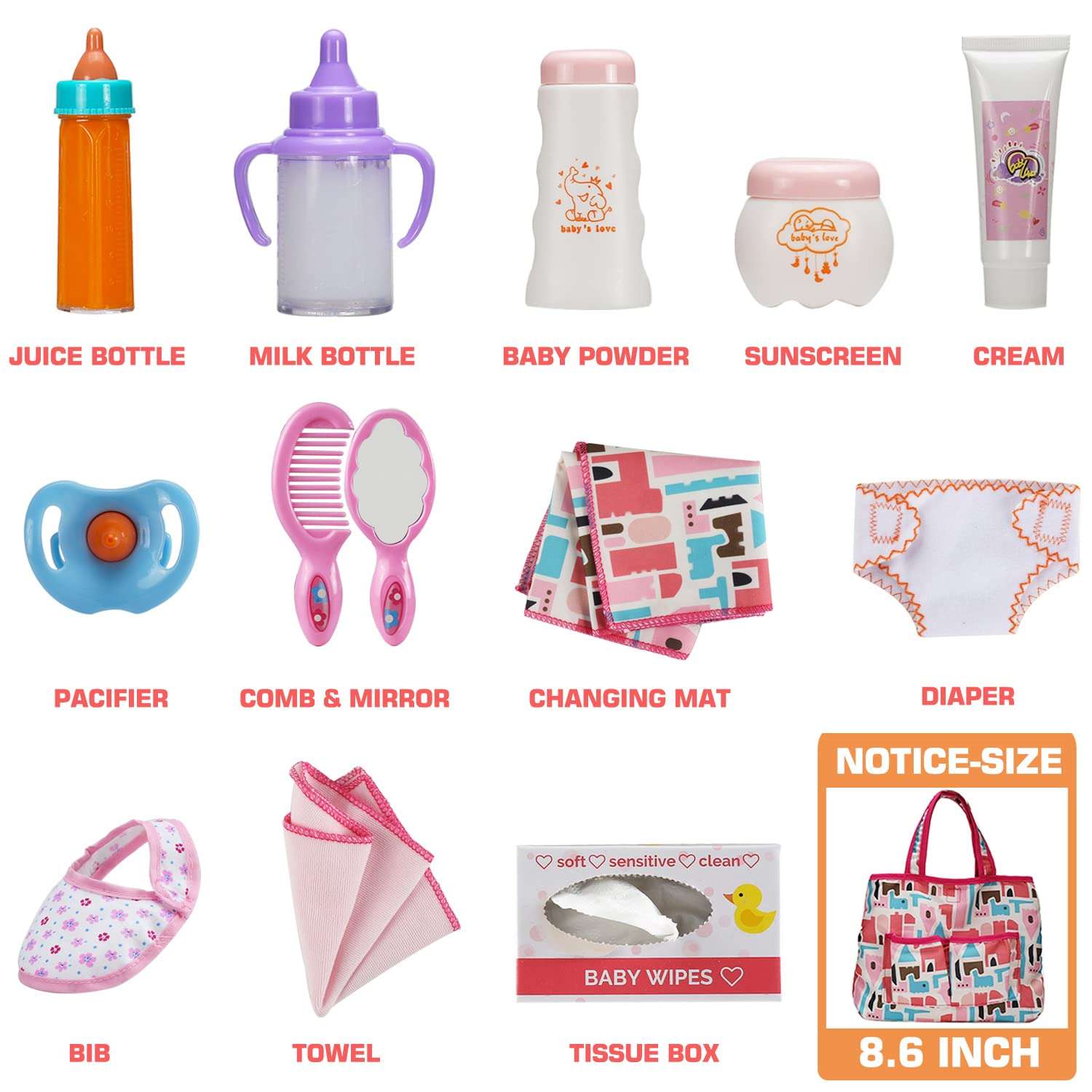 14 Pack Baby Doll Accessories, Baby Doll Feeding and Caring Set Includes Diaper Bag, Doll Diapers, Magic Bottle, Changing Mat for Girl Toddler Kid, Babies Pretend Play Set for Birthday Gift Christmas 2