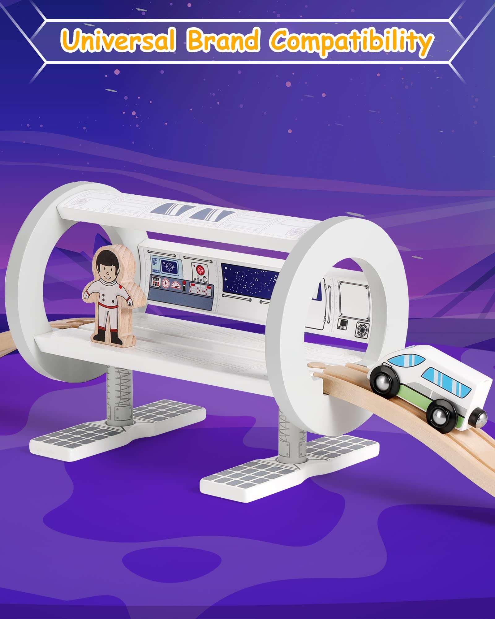 SainSmart Jr. Wooden Train Track Accessory, Space Station Train Set with Astronaut & Cosmic Train for Kids and Toddlers Aged 3+ 3