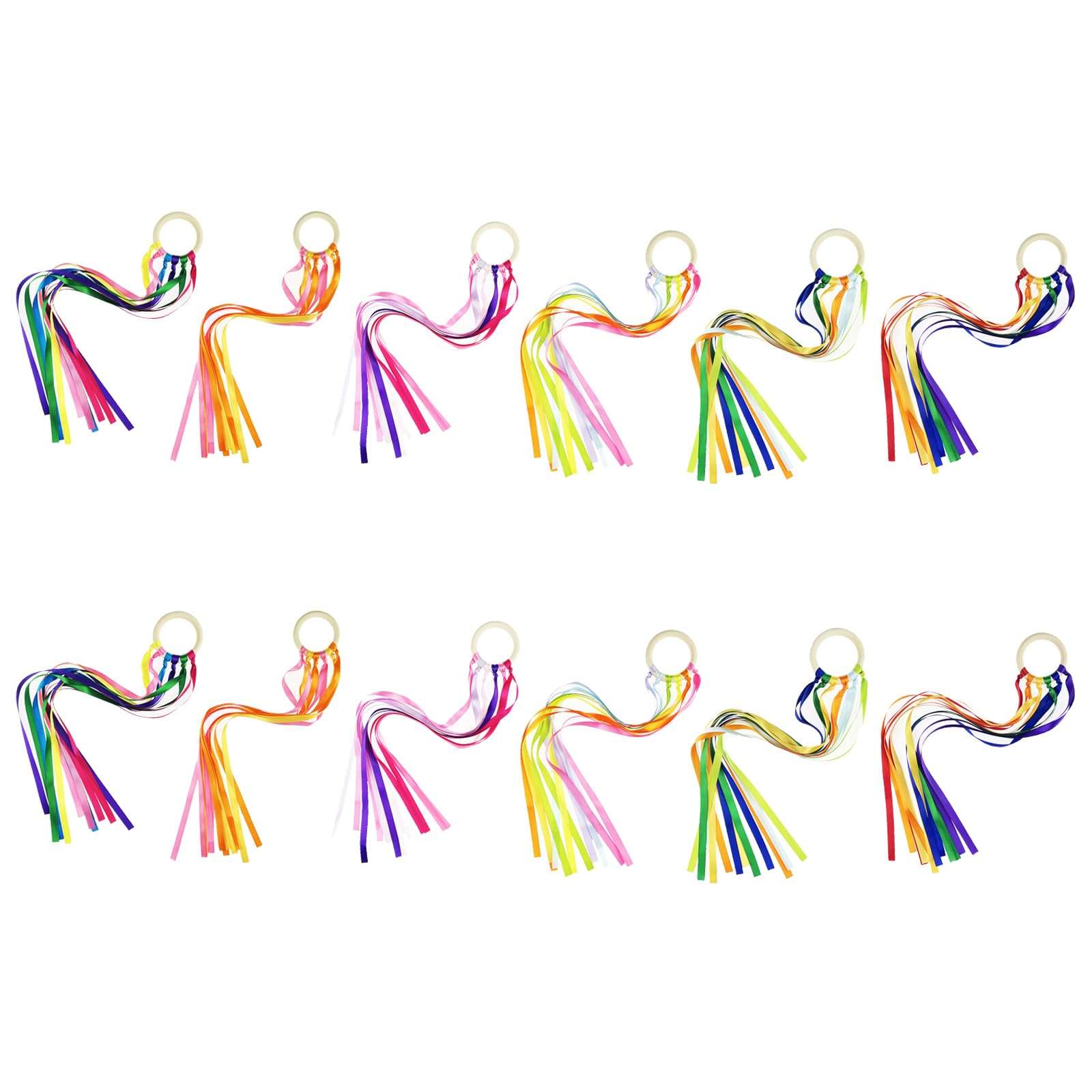 Miokun 24 Pack Hand Kite with Ribbon Streamer and Wood Ring Sensory Learning Educational Toy for Playroom Dance Birthday Gifts (24)