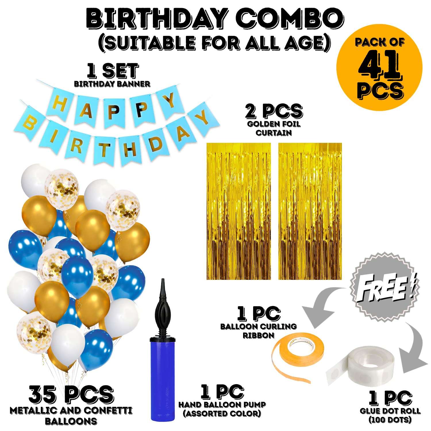Zyozique Blue and Gold Birthday Decorations & Birthday Decorations For Men,Foil Curtain,Happy Birthday Banners,Mettalic Balloons,Balloon Pump,Confetti Balloons,Glue Dot,Ribbon,For Boys Birthday And Baby 1st Birthday Supplies (Pack of 41) 3