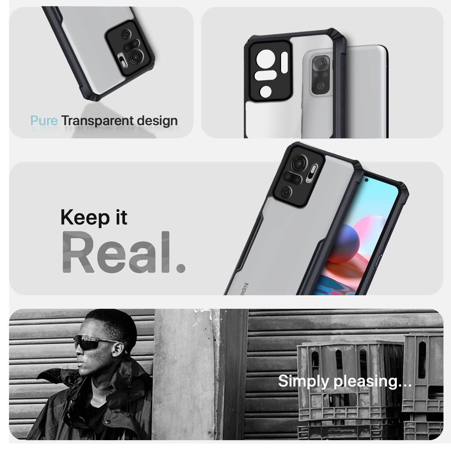 Amazon Basics Back Cover for Xiaomi Redmi Note 10S/ Redmi Note 10 | Crystal Clear Transparent Back | Ultra Hyrbid | Full Camera Protection | Raised Edge | Bumper Cover (Black) 4