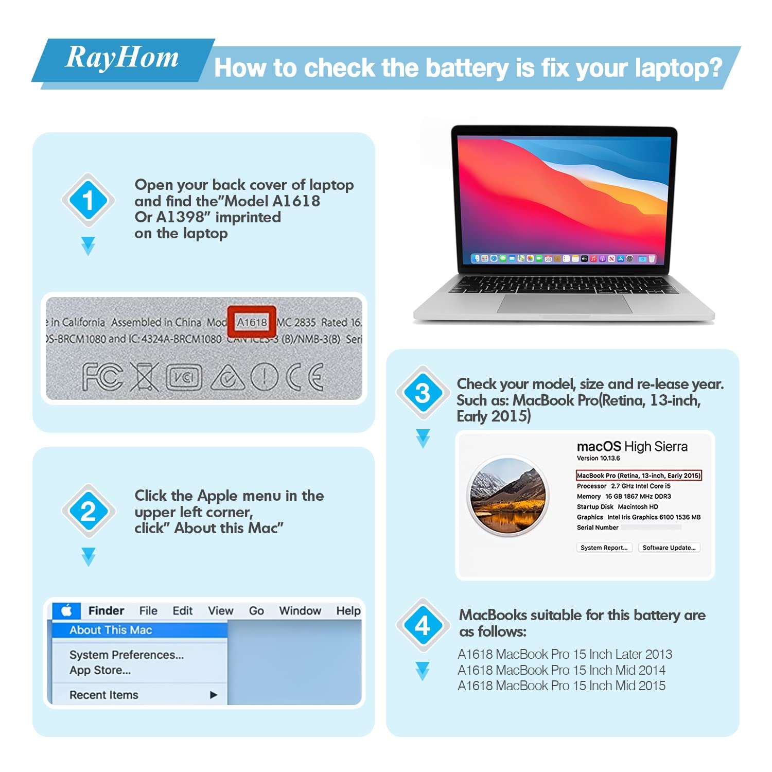 RayHom Replacement A1618 A1398 Laptop Battery - for MacBook Pro 15" Retina Late 2013 Mid 2014 2015 Version 2