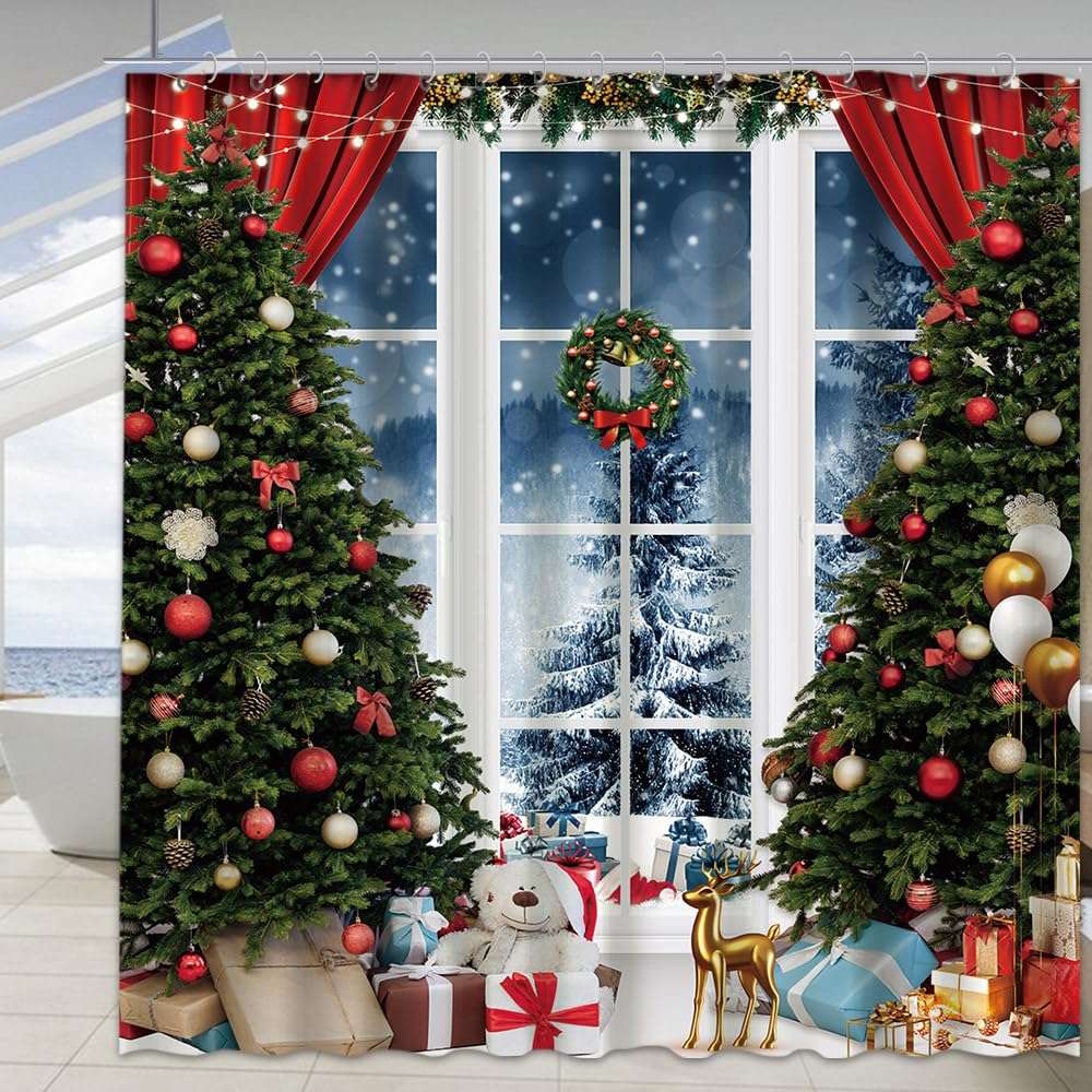 TOKTILIKT 72 x 72 Inches Christmas Tree Shower Curtain White Window Xmas Gifts Pine Snowy Bathroom Decoration Polyester Fabric Home Bathtubs Supplies 4