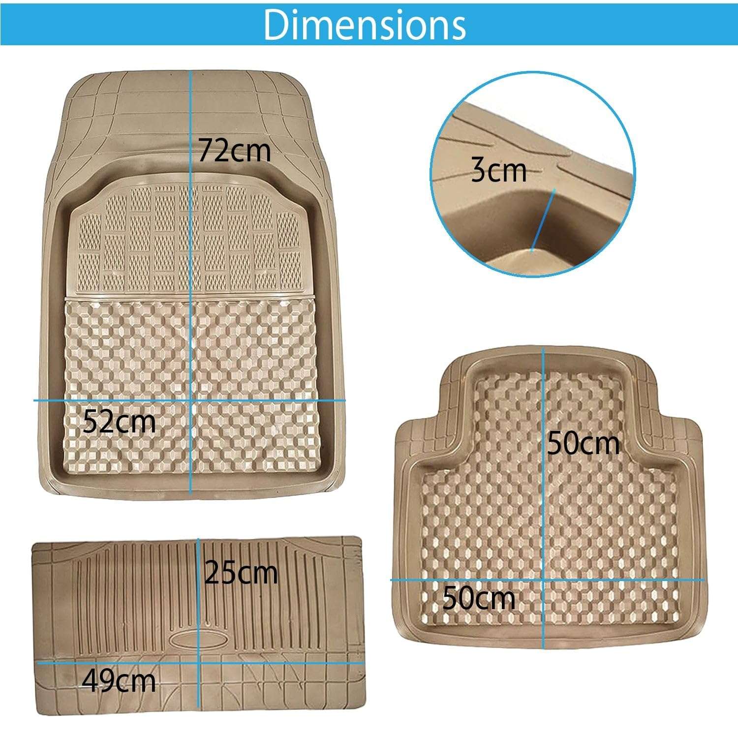 KINGSWAY 3G PVC Rubber Car Foot Mats Compatible with Hyundai I20 (Year 2020 Onwards), Universal Size Floor Mat, Complete Set of 5 Pcs, Waterproof and Washable, Beige Color 4
