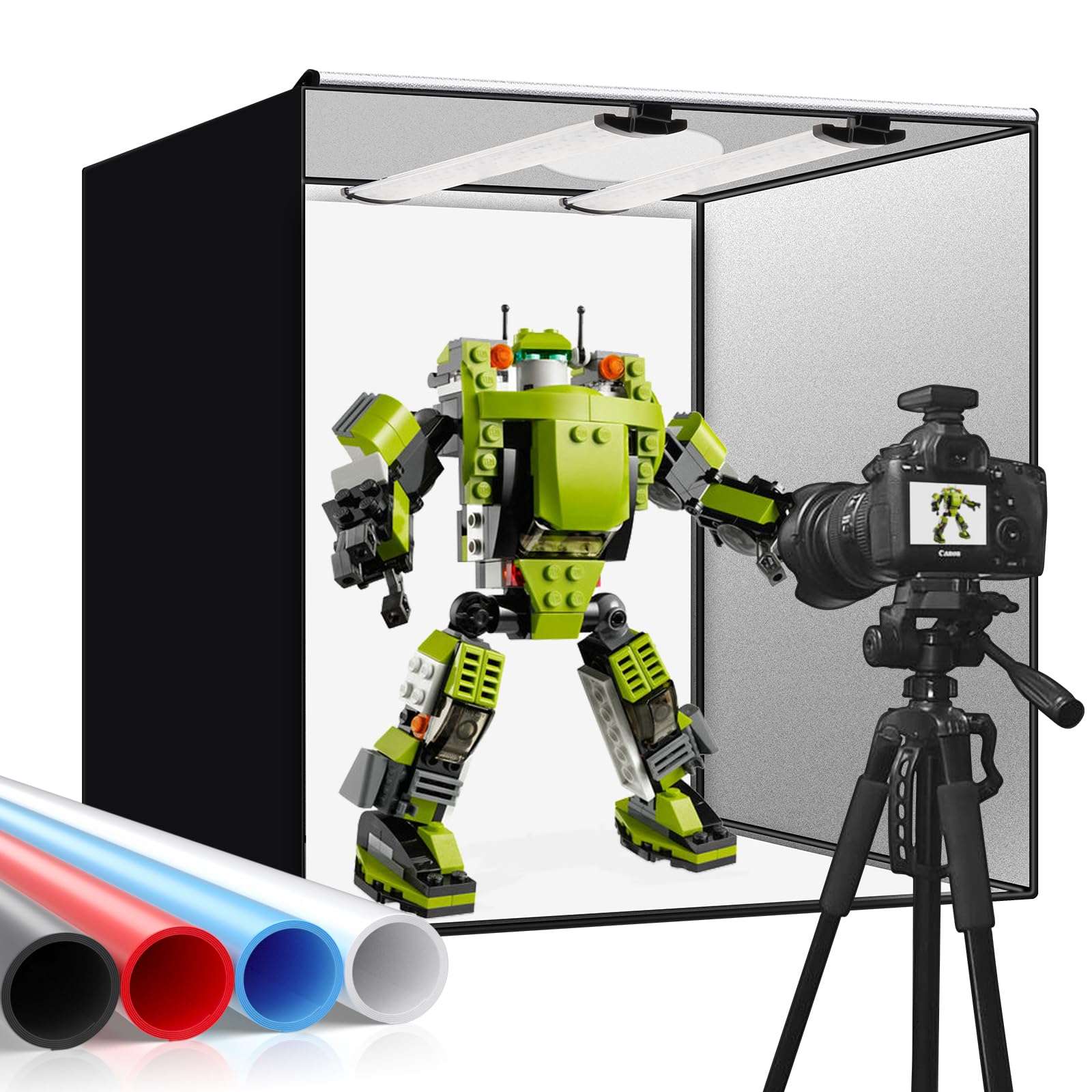 Photo Studio Box, 24x24x24 Inches Portable Foldable Photography Light Box Shooting Tent with 198 Brightness Dimmable LED Lights and 4 Backdrops for Product Photography 1