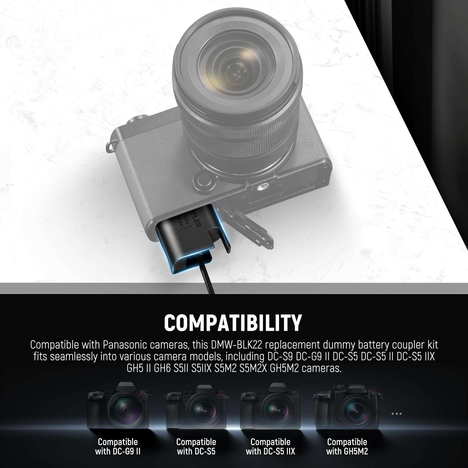 NEEWER DMW-BLK22 AC Power Supply Adapter & DC Coupler Dummy Battery Charger Kit Compatible with Panasonic Lumix DC-S9 DC-G9 II DC-S5 DC-S5 II DC-S5 IIX GH5 II GH6 S5II S5IIX S5M2 S5M2X GH5M2, DR-BLK22 5