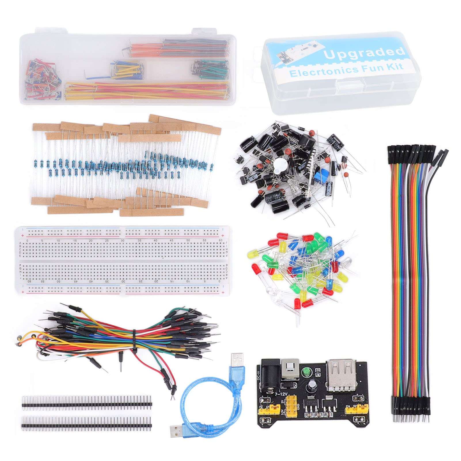 Electronics Fun Kit Electronics Component Kit Starter Fun Assortment with Power Supply Module, Jumper Wire, Precision Potentiometer, 830 tie Points Breadboard for R3 1