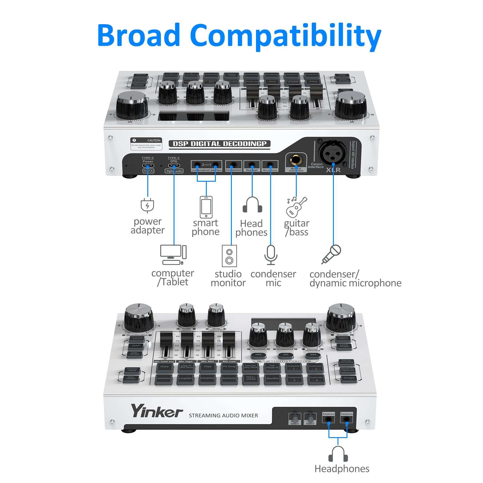 Yinker Streaming Audio Mixer, LCD Gaming Audio Mixer Interface, Live Sound Card with Bluetooth, 48V Phantom Power for Live Streaming Podcast, Recording, Gaming 3