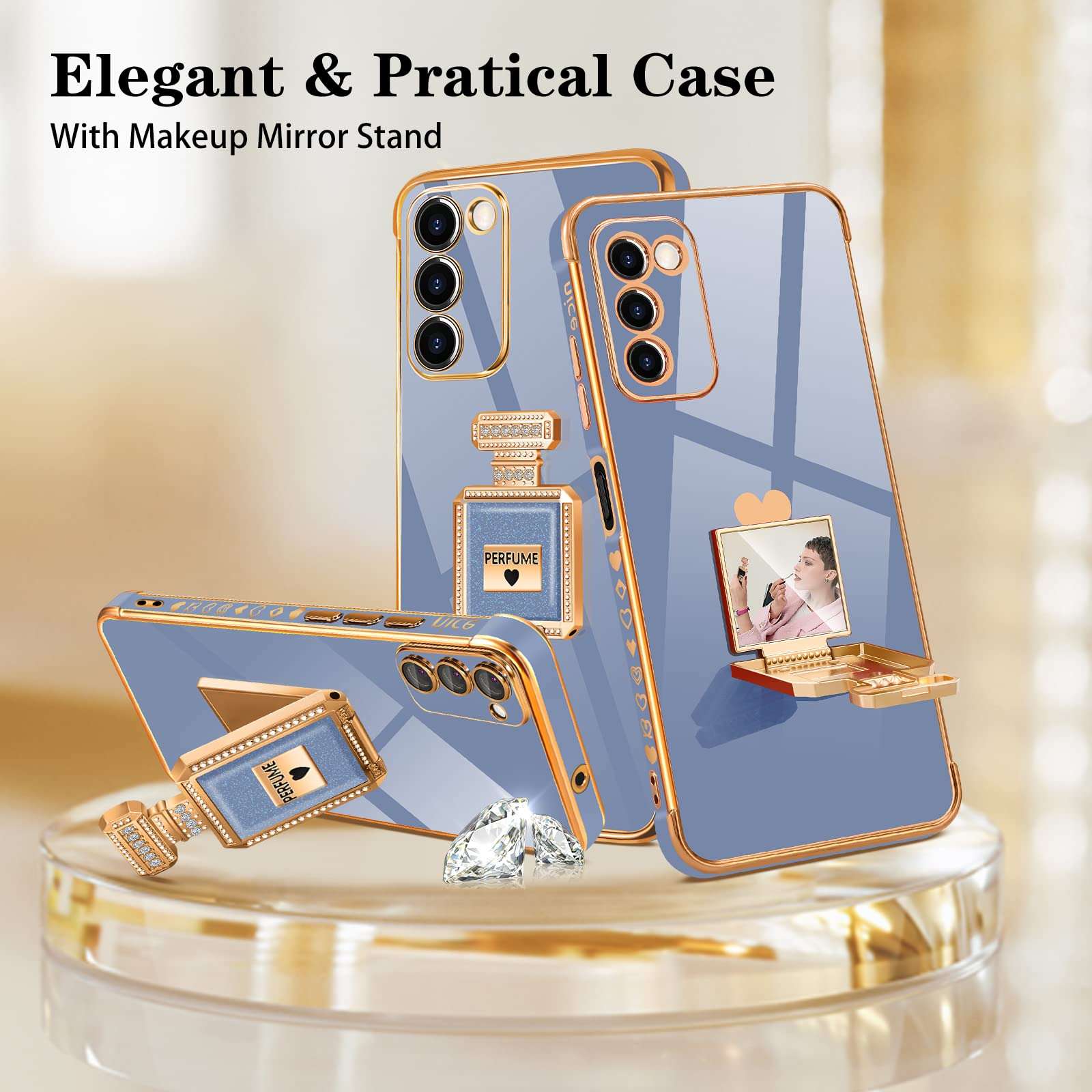 Buleens for Samsung Galaxy A03s Case with Metal Perfume Bottle Mirror Stand, Cute Women Girly Heart Cases for Galaxy A03s,Elegant Luxury Phone Cover for Samsung A03s 6.5'' Dark Blue 6