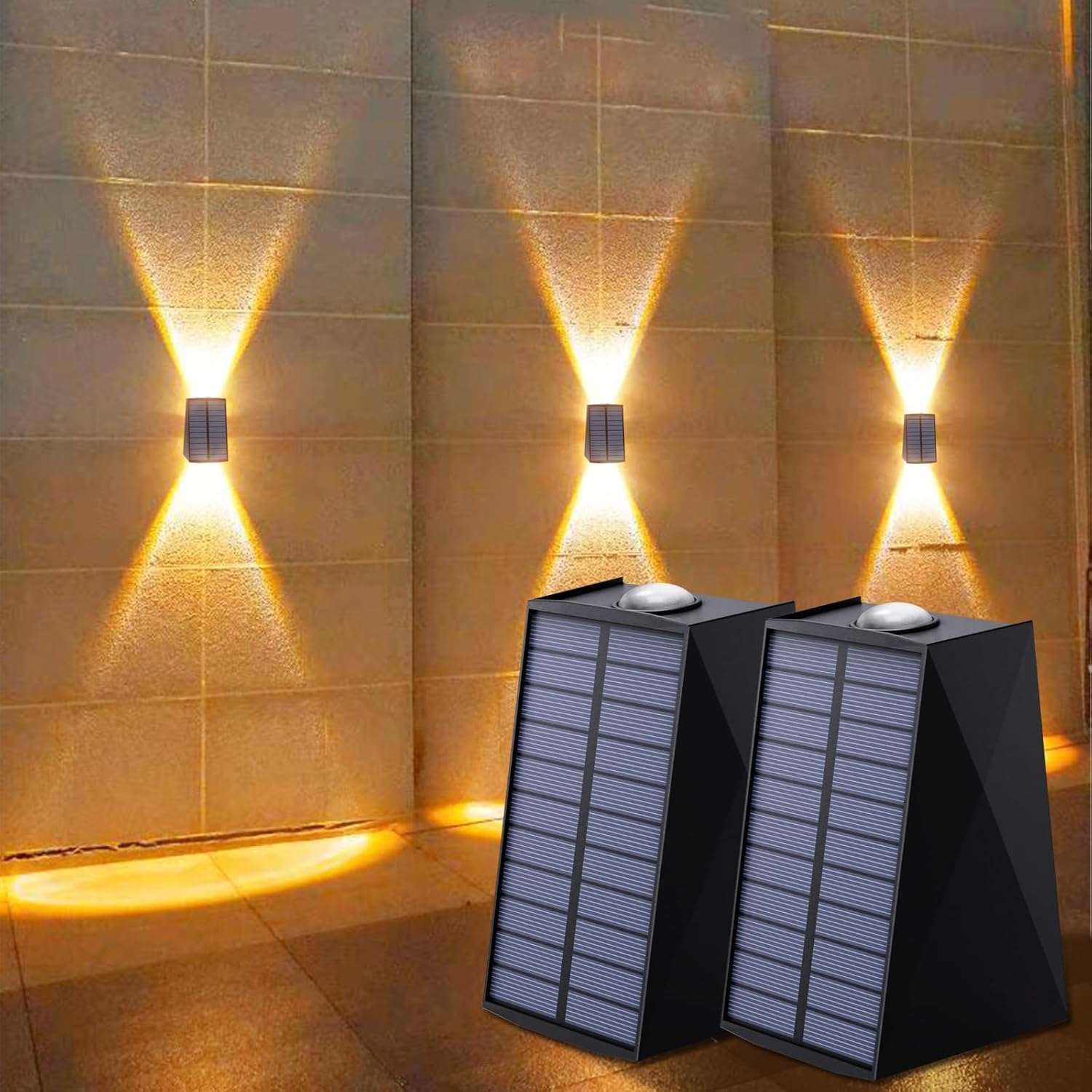 kh Solar Outdoor Lights Up and Down 2 LED Outdoor Lamp Solar Path Wall Lights, IP65 Waterproof Patio Wall Light, Exterior Lights for House Garage Garden (Warm White) (Pack of 1) 1