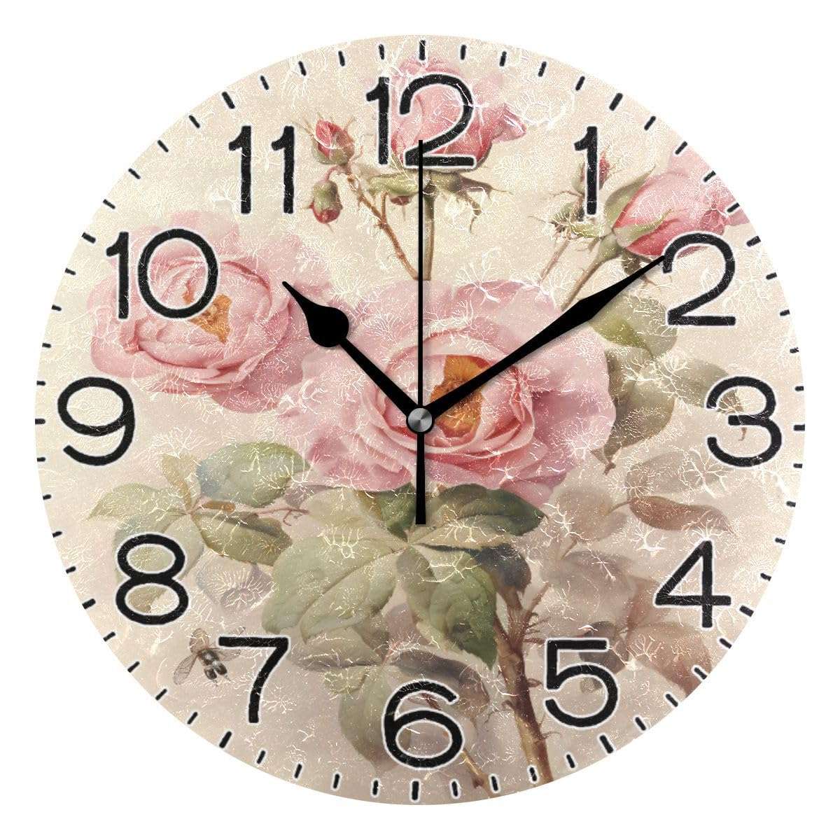 Pink Rose Flowers Wall Clock Battery Operated Non Ticking Silent Quartz Analog Rustic Farmhouse Round Clock Retro Decor for Home Kitchen Living Room Bathroom12 1