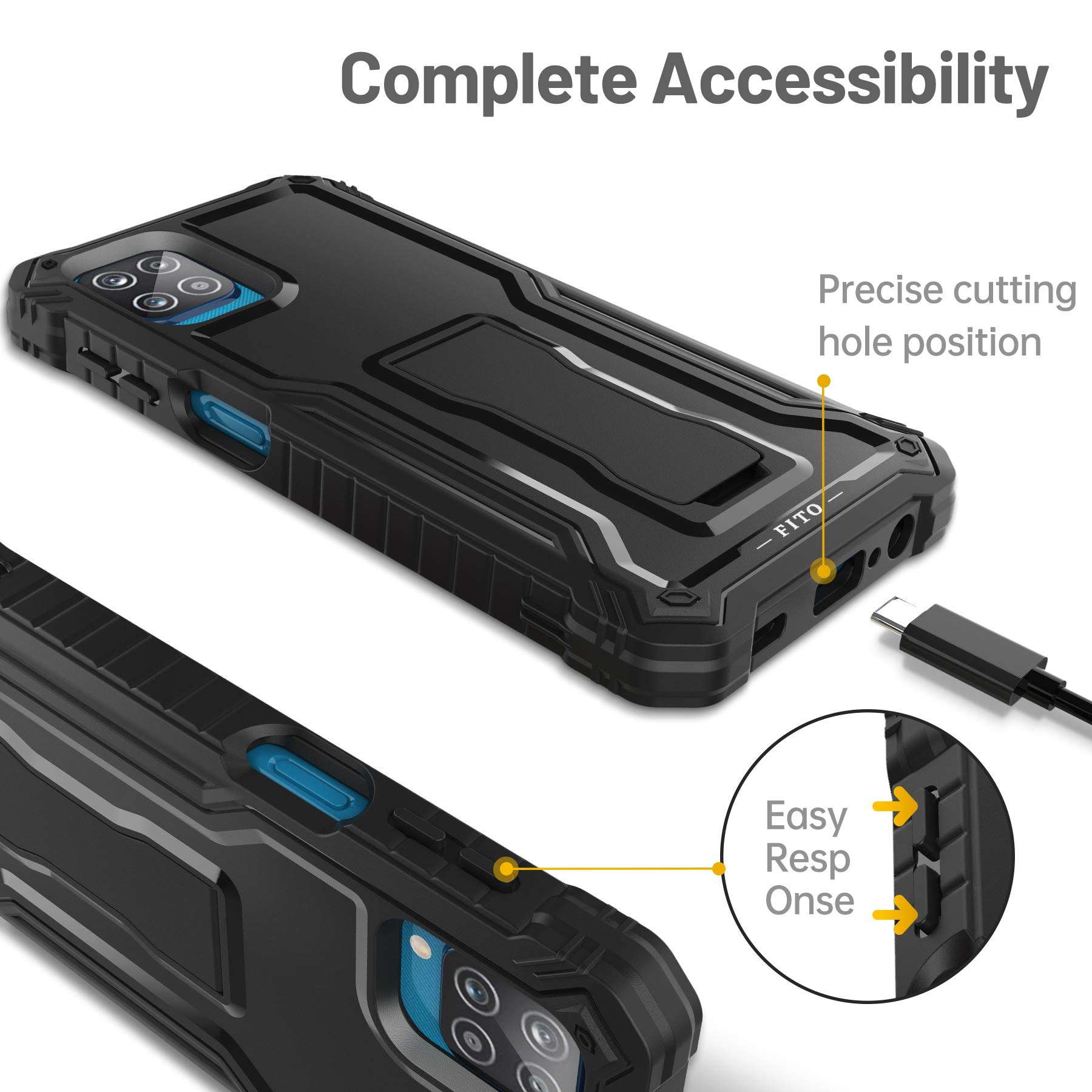 FITO for Samsung Galaxy A12 Case, Dual Layer Shockproof Heavy Duty Case with Screen Protector for Samsung A12 Phone, Built-in Kickstand (Black) 3