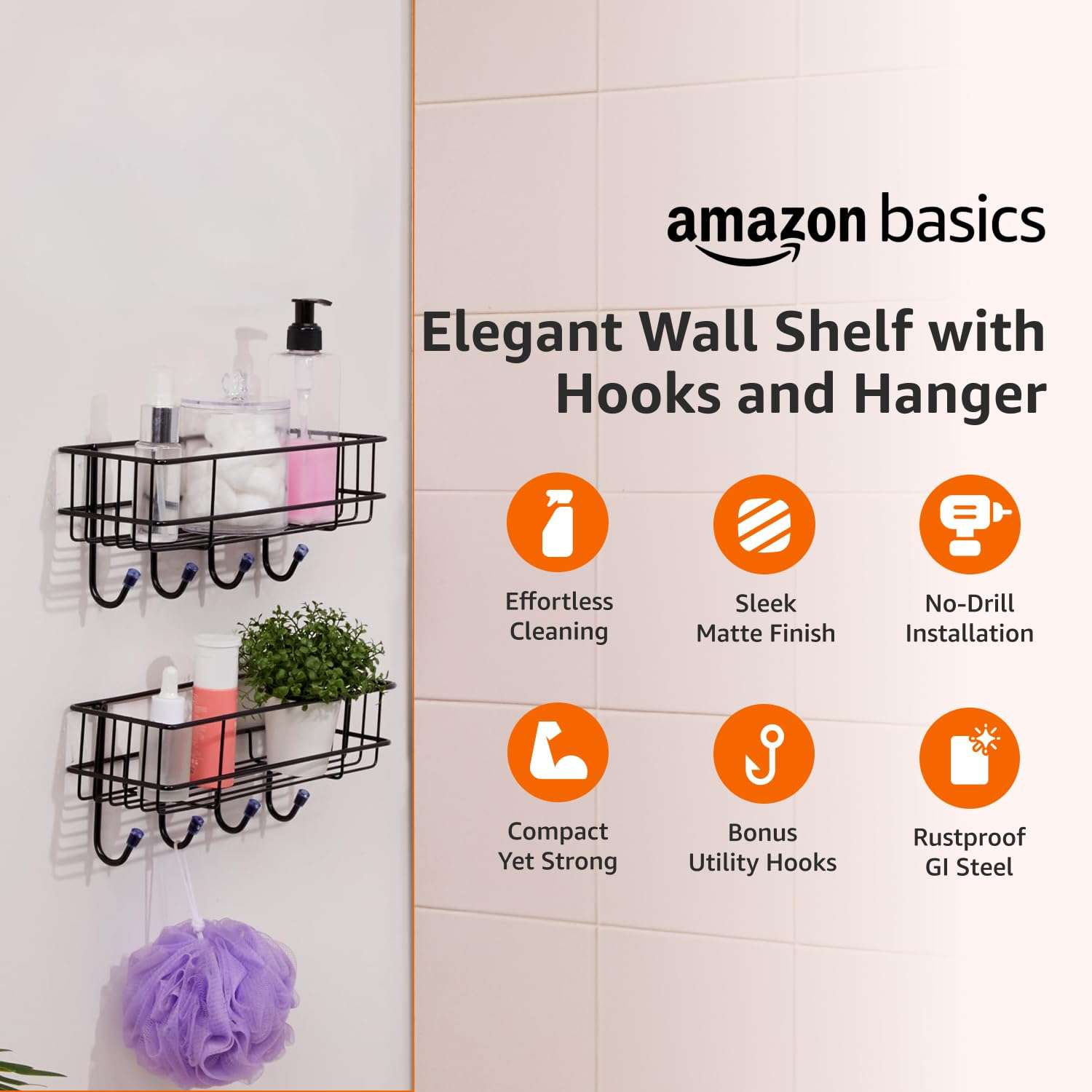 Amazon Basics Self-Adhesive Wall Shelf – No-Drill Multipurpose Bathroom/Kitchen Organizer with Hooks and Towel Holder, Rust Proof GI Steel Organizer | Black, 28.2 x 9.8 x 11.5 cm, Pack of 2 3