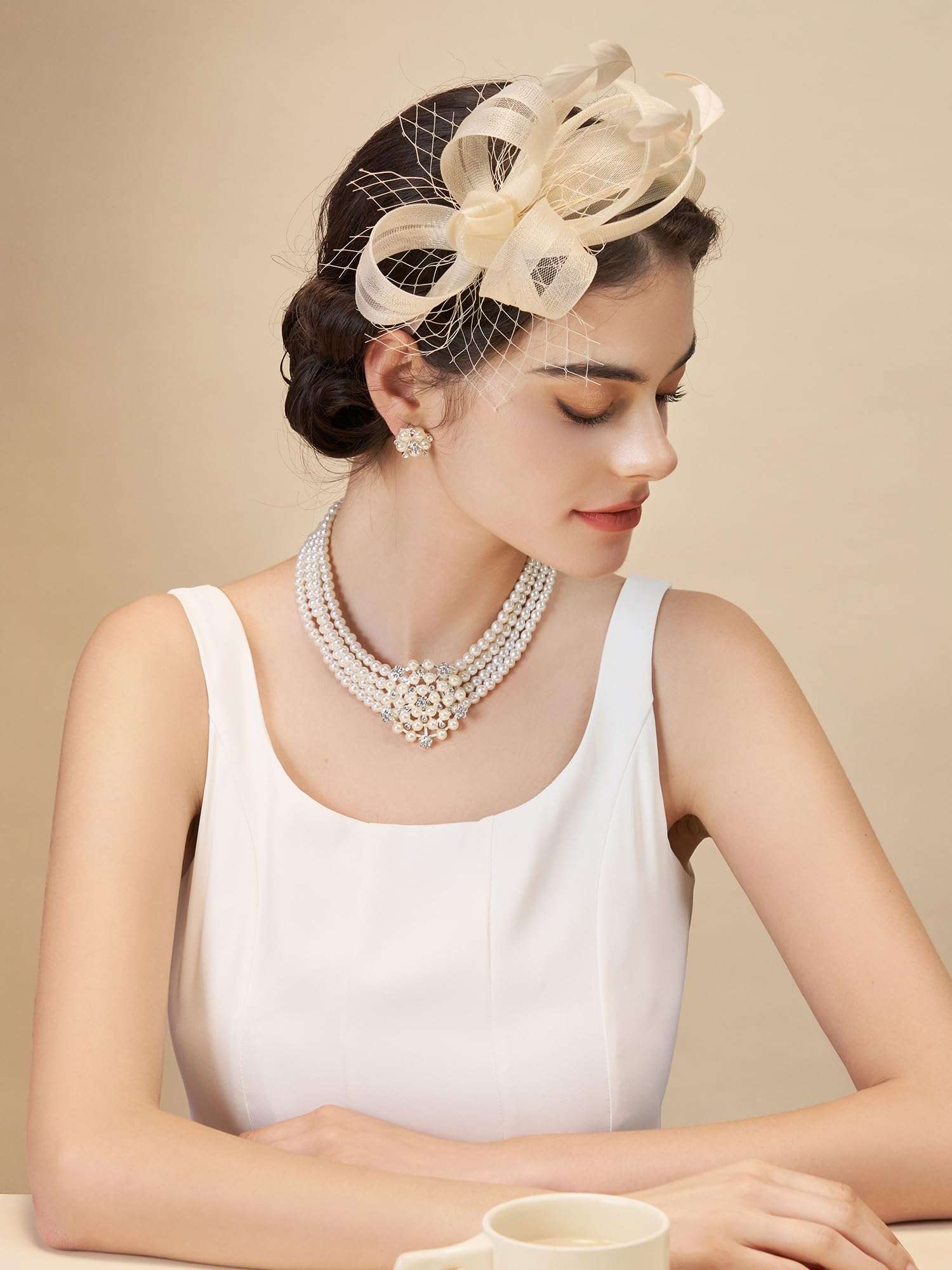 SWEETV Elegant Fascinators Headband with Feather, Women's Tea Party Hat for Kentucky Derby, Cocktail, Wedding, Fancy Dress Party, Champagne 4