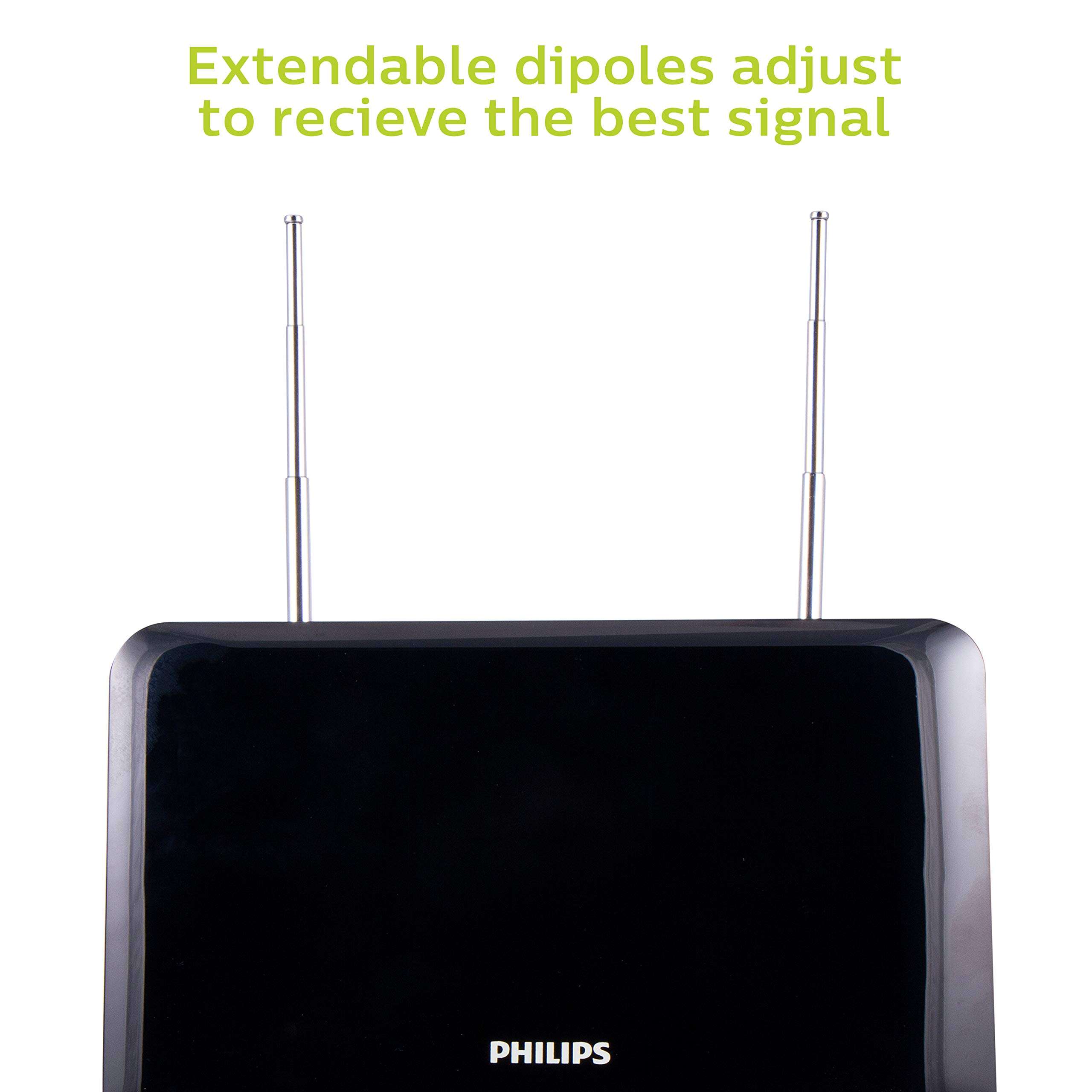 Philips Black Indoor TV Antenna, Perfect Home Decor Long Range Antenna, Digital, HDTV Antenna, Smart TV Compatible, 4K 1080P VHF UHF, 6Ft Coaxial Cable, Amplifier, Signal Booster, Dipoles, SDV8311B/27 3