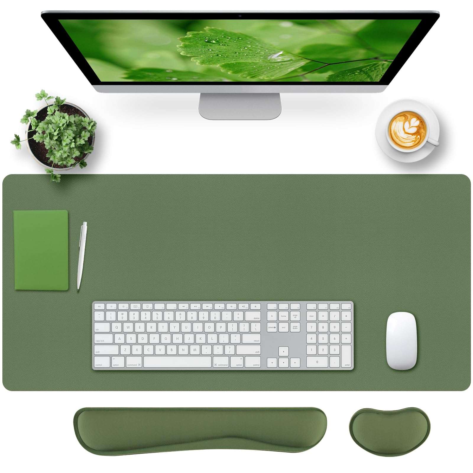 Bloss Keyboard and Mouse Wrist Rest + Leather Desk Mat, Desk Mat for Keyboard and Mouse, Desk Accessories for Women(35.4 x 15.7 Inch,Olive Green) 1