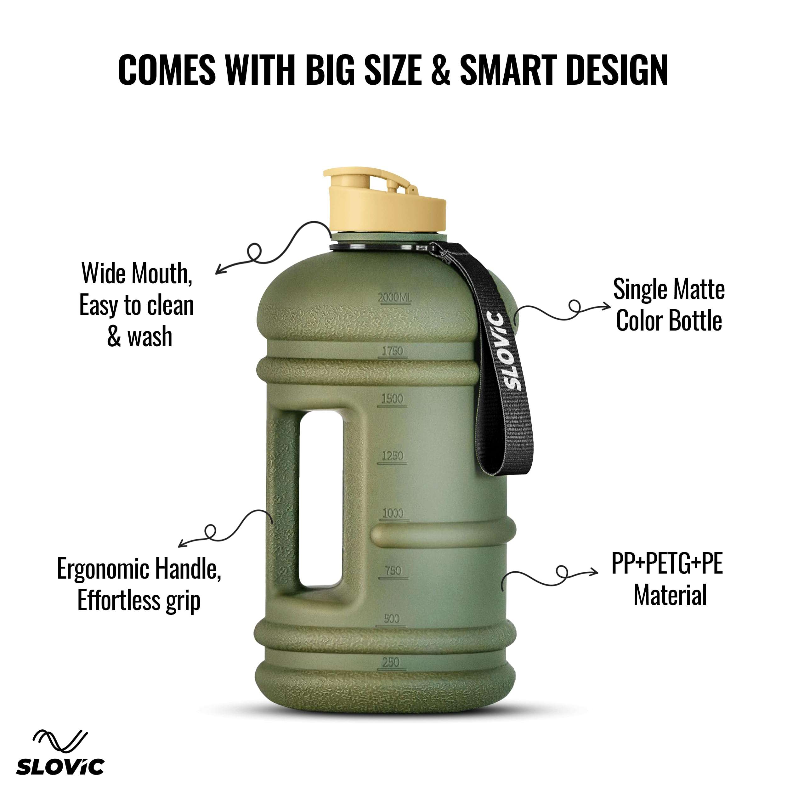 SLOVIC Gallon Water Bottle 2 + Litre | Gym Motivational Sipper Water Bottle for Adults | 100% BPA Free & Leakproof | 2 Litre Sipper for Men & Women with Ergonomic Handle | Dark Green | 2200 ML 3