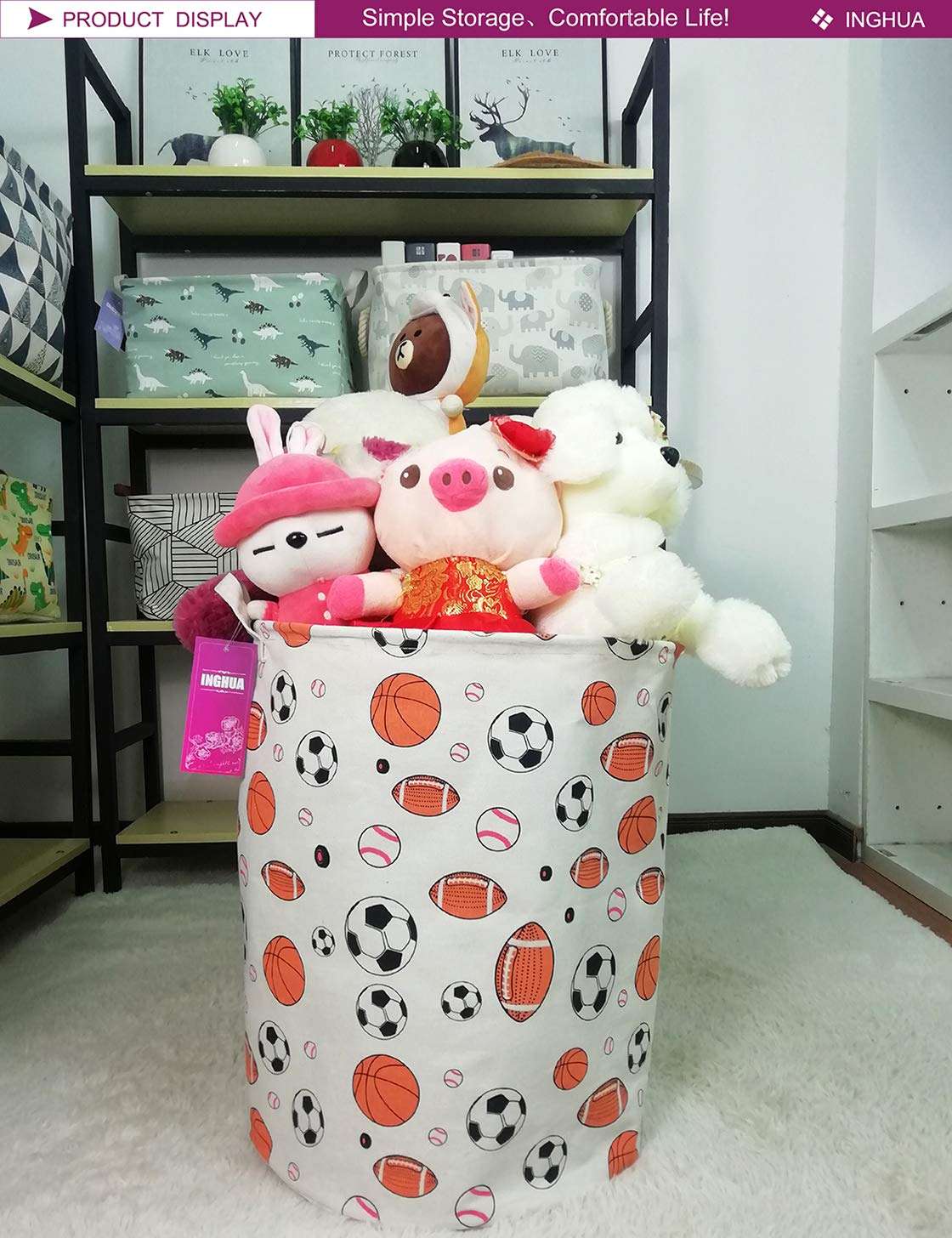 INGHUA Laundry Hamper Large Canvas Fabric Lightweight Storage Basket/Toy Organizer/Dirty Clothes Collapsible Waterproof for College Dorms, Boys and Girls Bedroom,Bathroom(Ball game) 4
