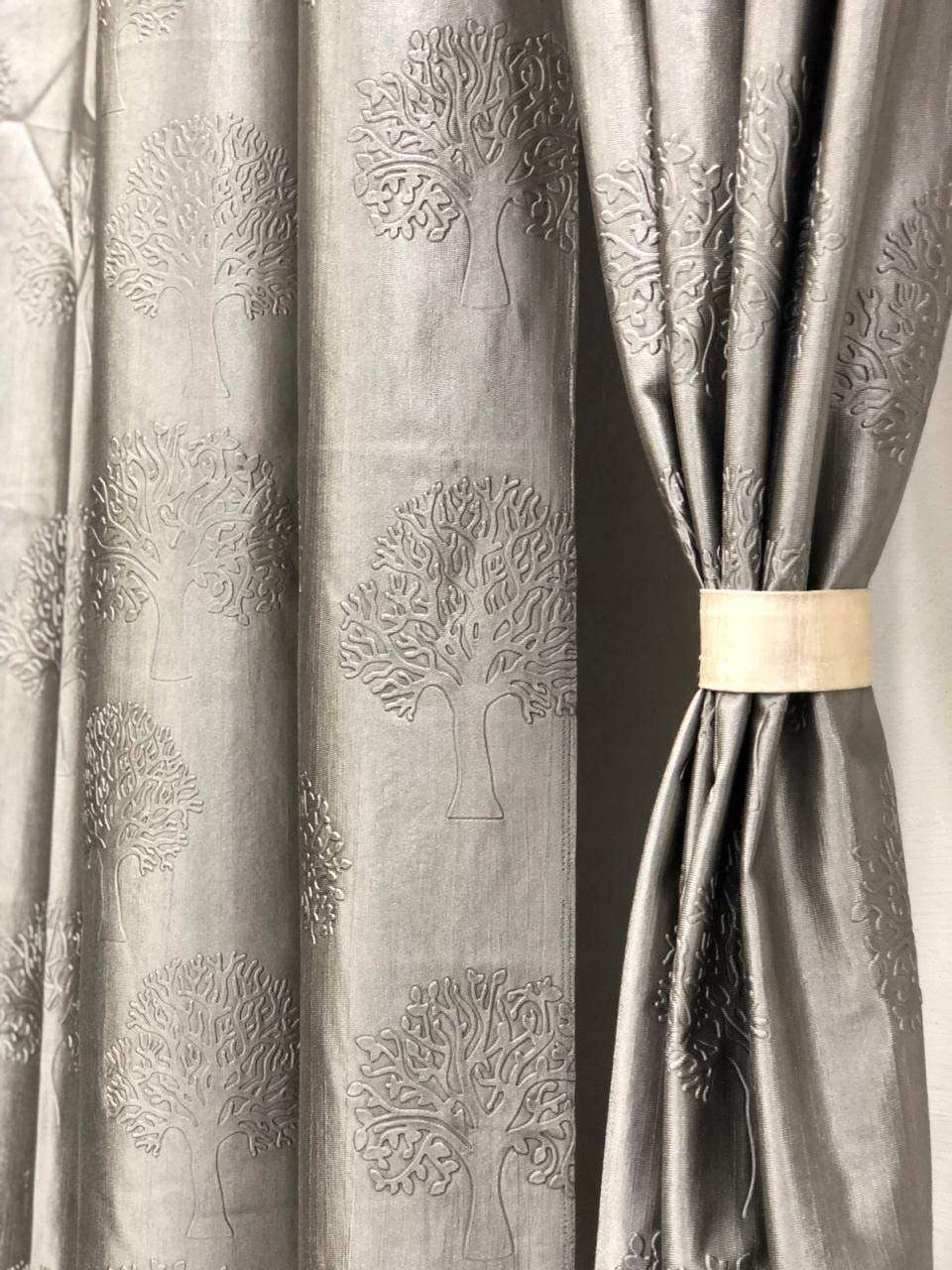 GRIHSHOBHA Polyester Tree Punch Window Plain Room Darkening Thermal Insulated Window Door Curtains Parde for Bedroom, Living Room, 5 Feet Long, Grey, Set of 2 4