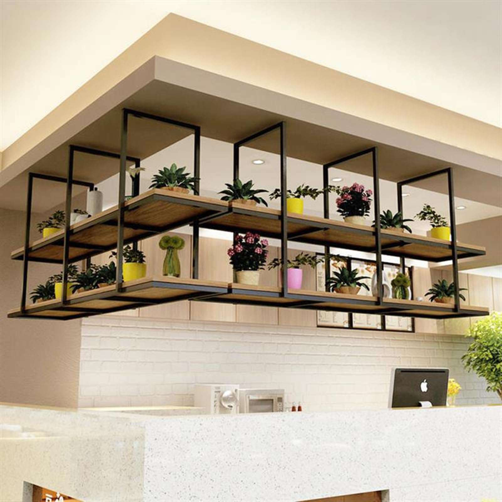 GFRWKCEX Wine Rack Flower Plant Hanging Stand - Metal Iron Ceiling Display Shelf, 2 Tier Floating Decorations Holder, Bar Counter Decor Shelving(110x30x80cm) 1