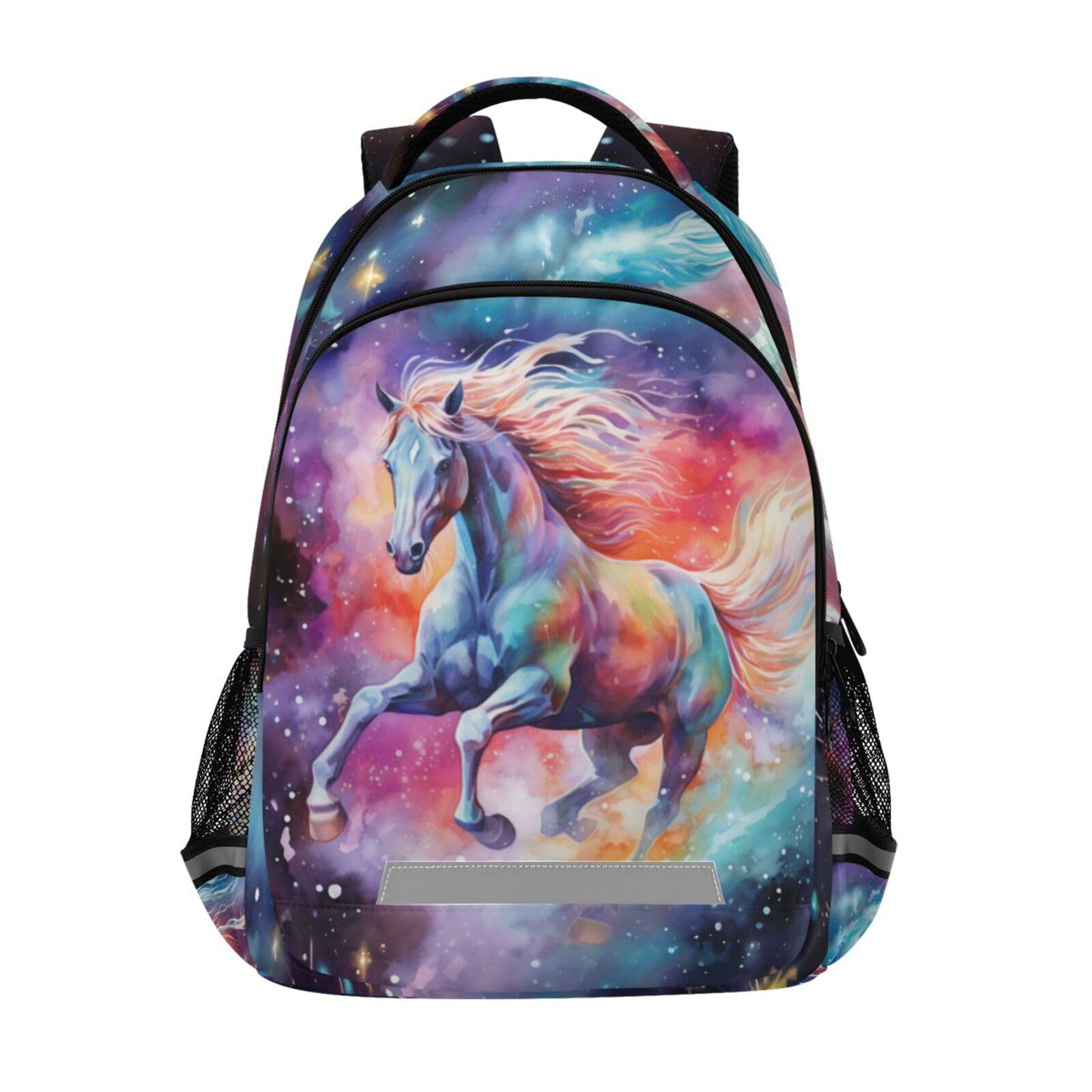 Horse Backpack for Students Boys Girls Rainbow Nebula Horse School Bag Travel Daypack Rucksack