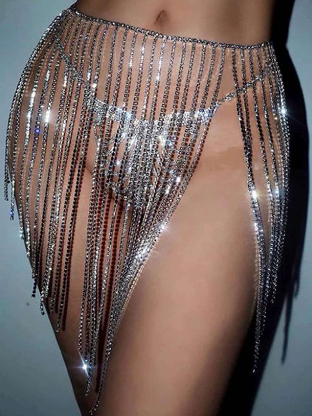Barode Rhinestone Body Chains Crystal Dance Skirts Tassel Sexy Bikini Beach Chain Hip Waist Belts Nightclub Jewelry Accessories for Women and Girls (Silver) 3