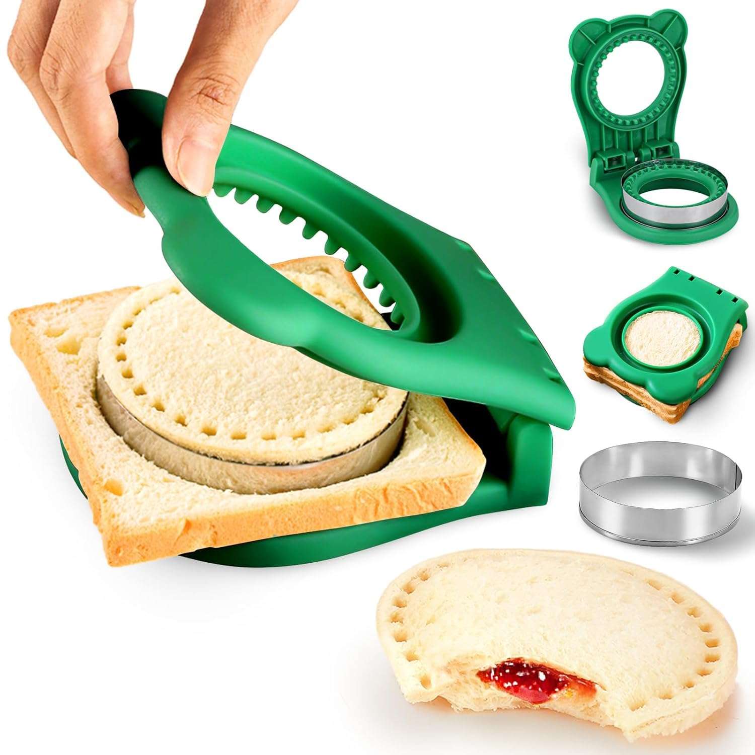 Uncrustable Sandwich Maker and Sealer Set Crustless Sandwich Press Mold Cookie Bread Pancake Maker Green Round Shape for Bread 1