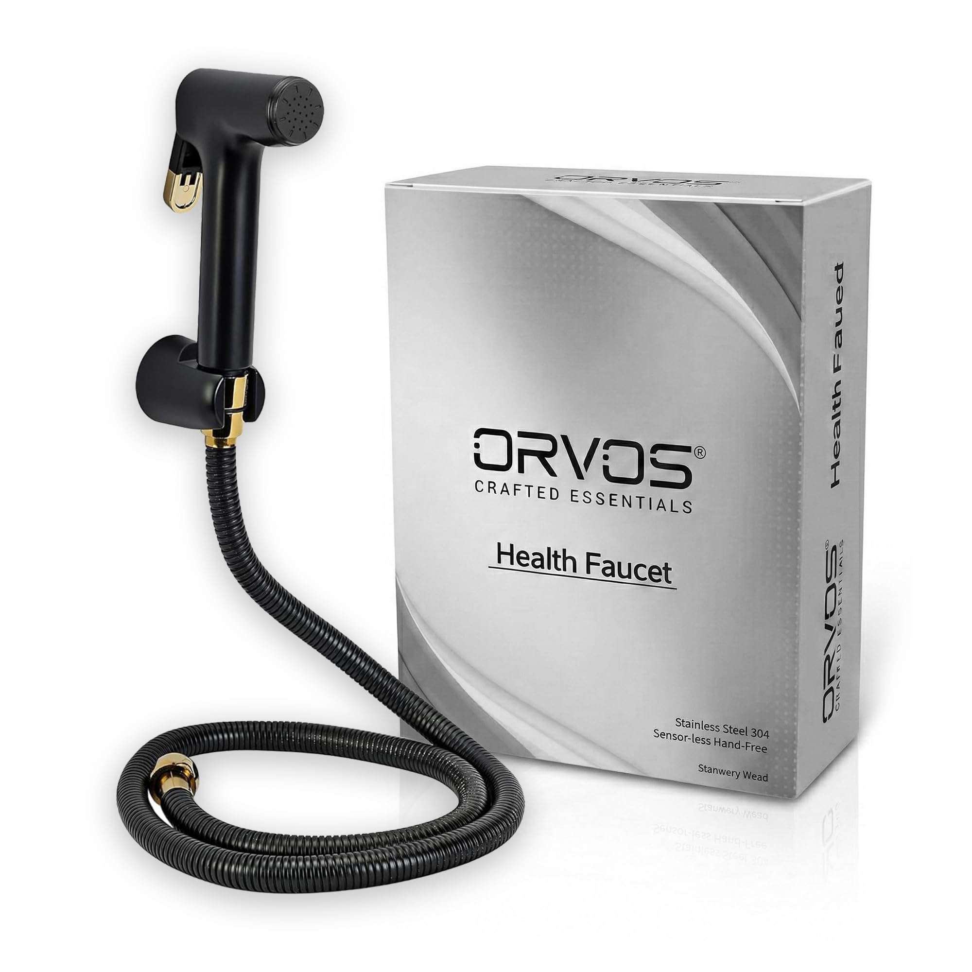 Orvos Health Faucet, Golden Black, ABS Outer Body with brass insert, with 1.25 meter flexible stainless steel shower hose and wall hook, Jet Spray for high end luxury toilets 1