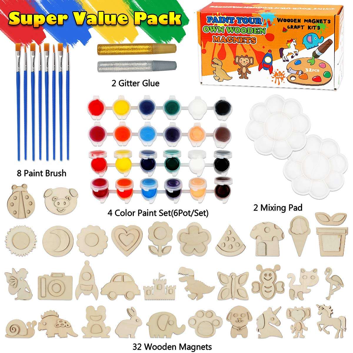 Hamsoo 32 Pack Wooden Arts and Crafts Age 4 5 6 7 8 9 10, Paint Your Own Wooden Magnet for Kids Painting Craft Kit and Art Set Age 8-12 Boys and Girls Party Favors, Supplies Art and Crafts Set 3