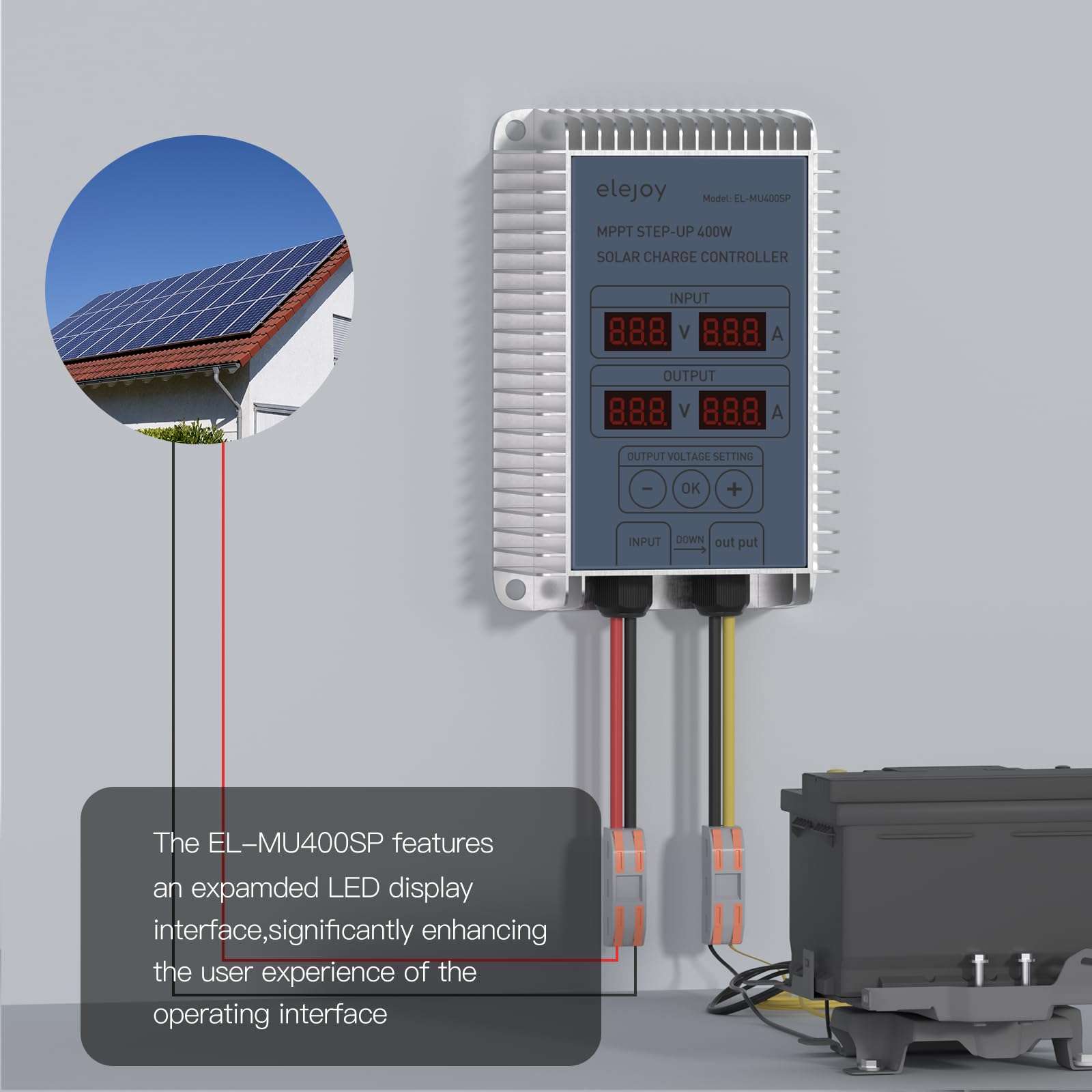 ELEJOY 15 Amp 400W MPPT Step-UP Solar Charge Controller 99% Adjustable Output Lithium LiFePO4 Lead-Acid Gel Sealed Flooded Battery LED Display IP65 Waterproof Outdoor 3