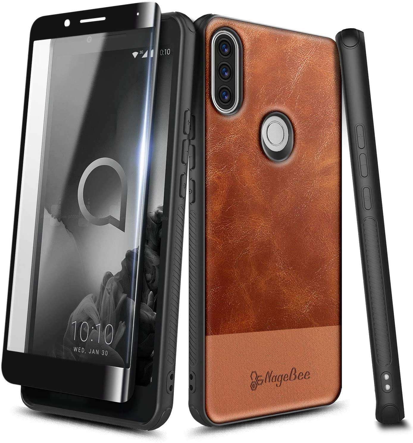 E-Began Case for Alcatel 3V (5032W) with Tempered Glass Screen Protector (Full Coverage), Premium Cowhide Leather Hybrid Defender Shockproof Rugged Durable Case -Brown 1