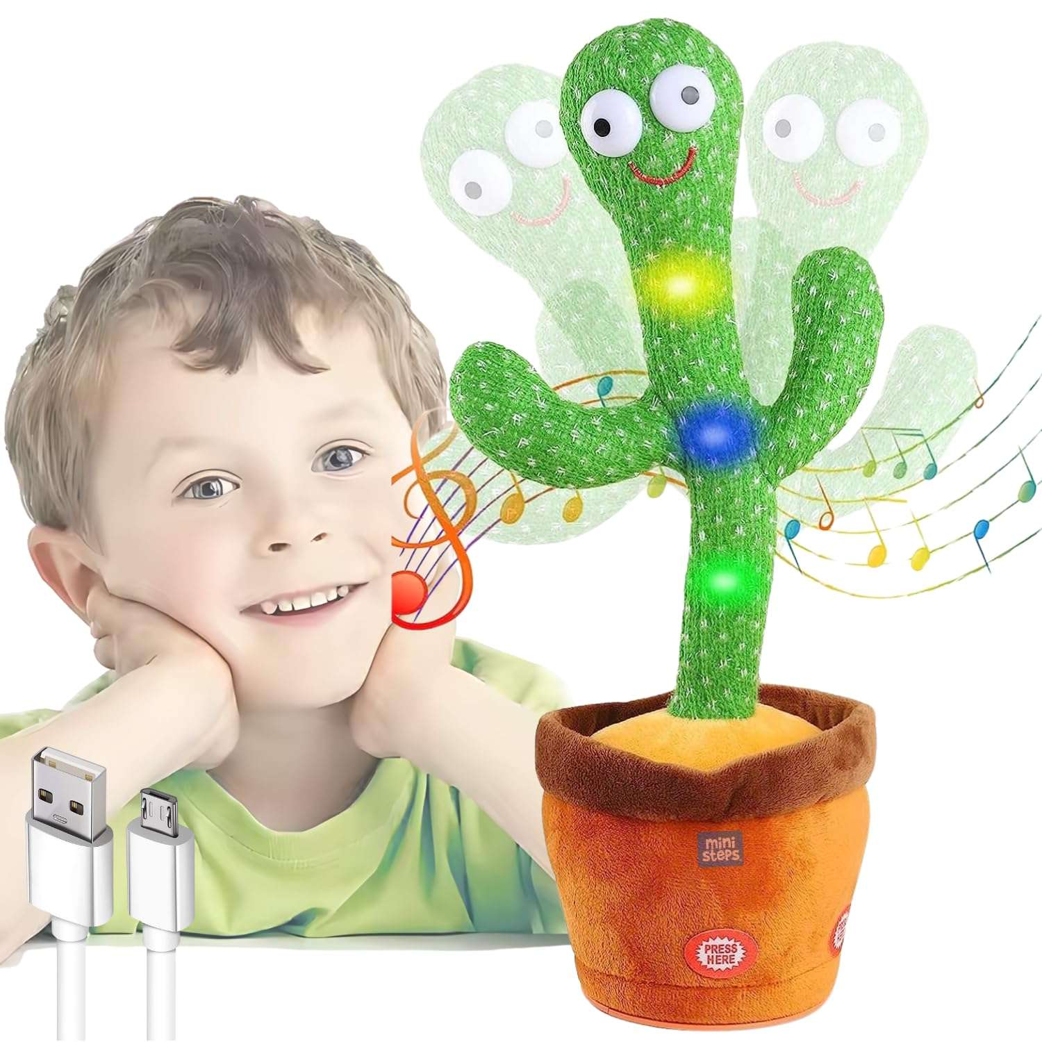 Mini Steps Dancing Cactus Toy for Kids - Rechargeable Talking Singing Children Baby Plush Electronic Toys | Voice Recording | Repeats What You Say | LED Lights 1