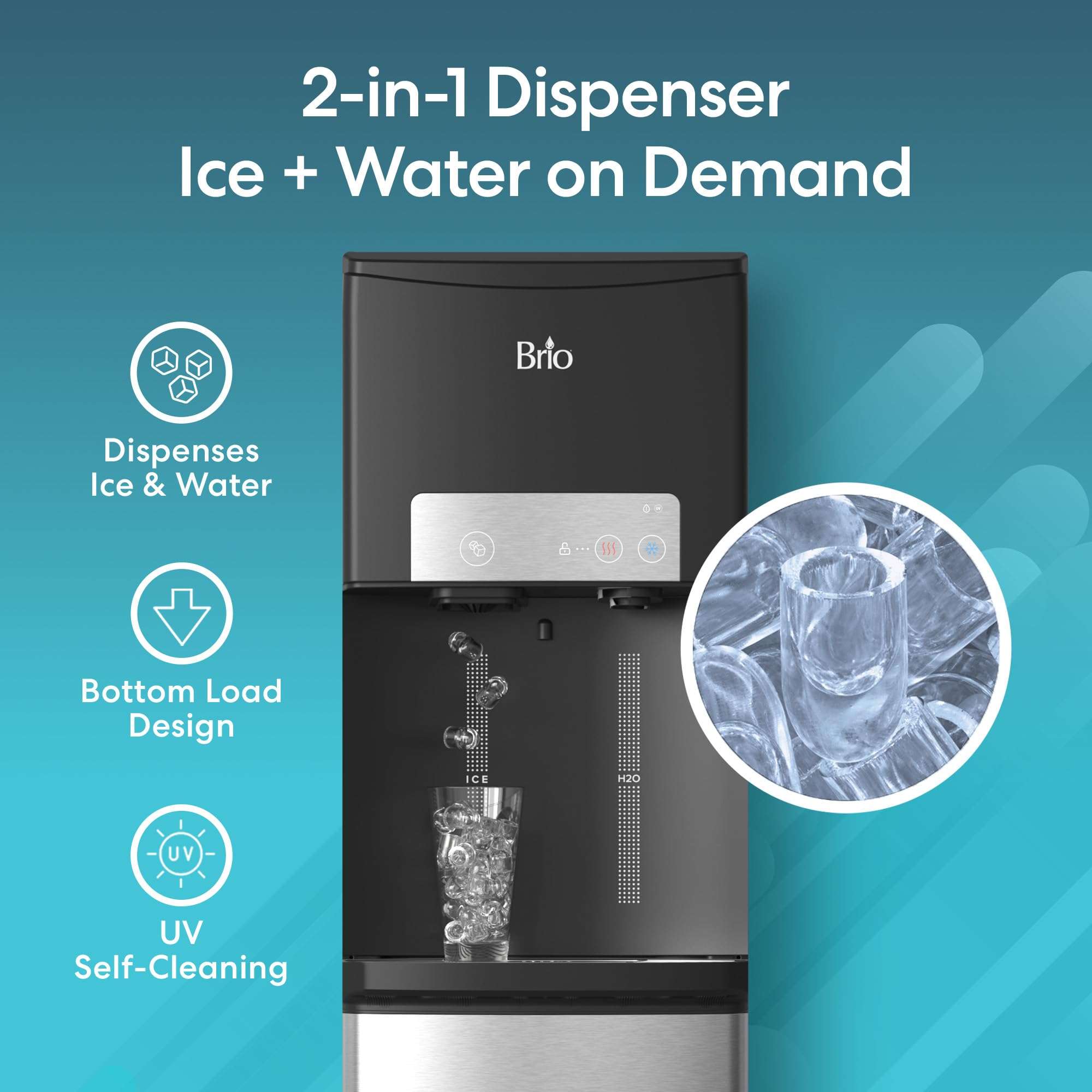 Brio ICE 420 Water Cooler Dispenser for 5 Gallon Bottle with Ice Maker, Bottom Load | UV Self Cleaning Technology, Night Light, Child Safety Lock & 2X Fast Dispense | NSF Certified - Black & Stainless 3