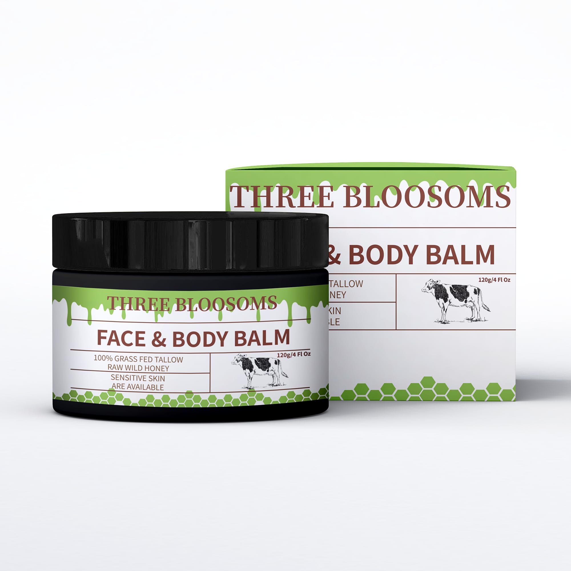 Three Bloosoms Organic Beef Tallow for Face and Skin, 100% Natural Honey Tallow Balm Body Cream for Skin Moisturizing, Nurishing and Long Lasting, Anti-Wrinkle, Improves Skin Softness