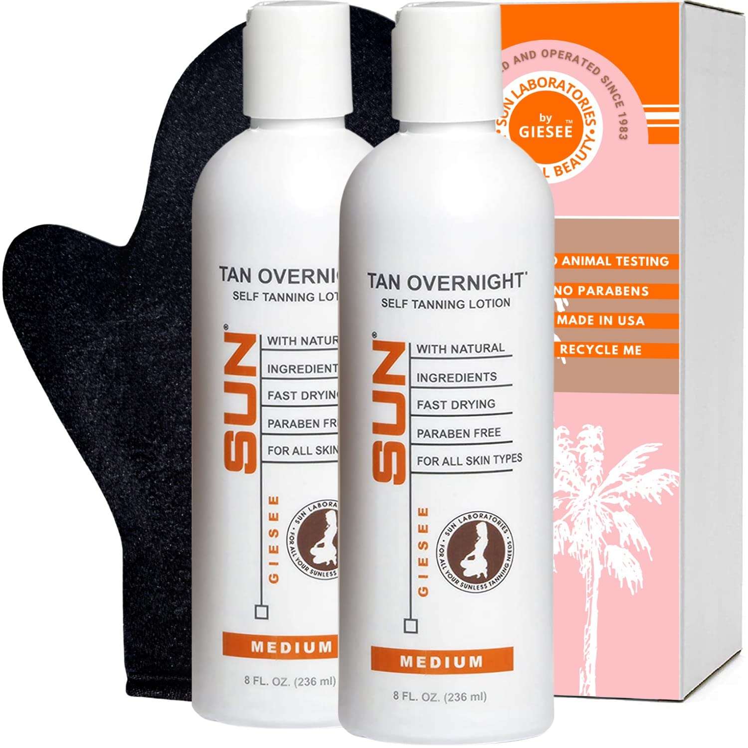 Sun Laboratories By Giesee Tan Overnight Sunless Tanning Lotion 8 oz Two Pack With Tanning Mitt | Self Tanning Lotion, Self Tanner, Organic, Waterproof, Travel Size, Instant Tan, Pregnancy Safe 1